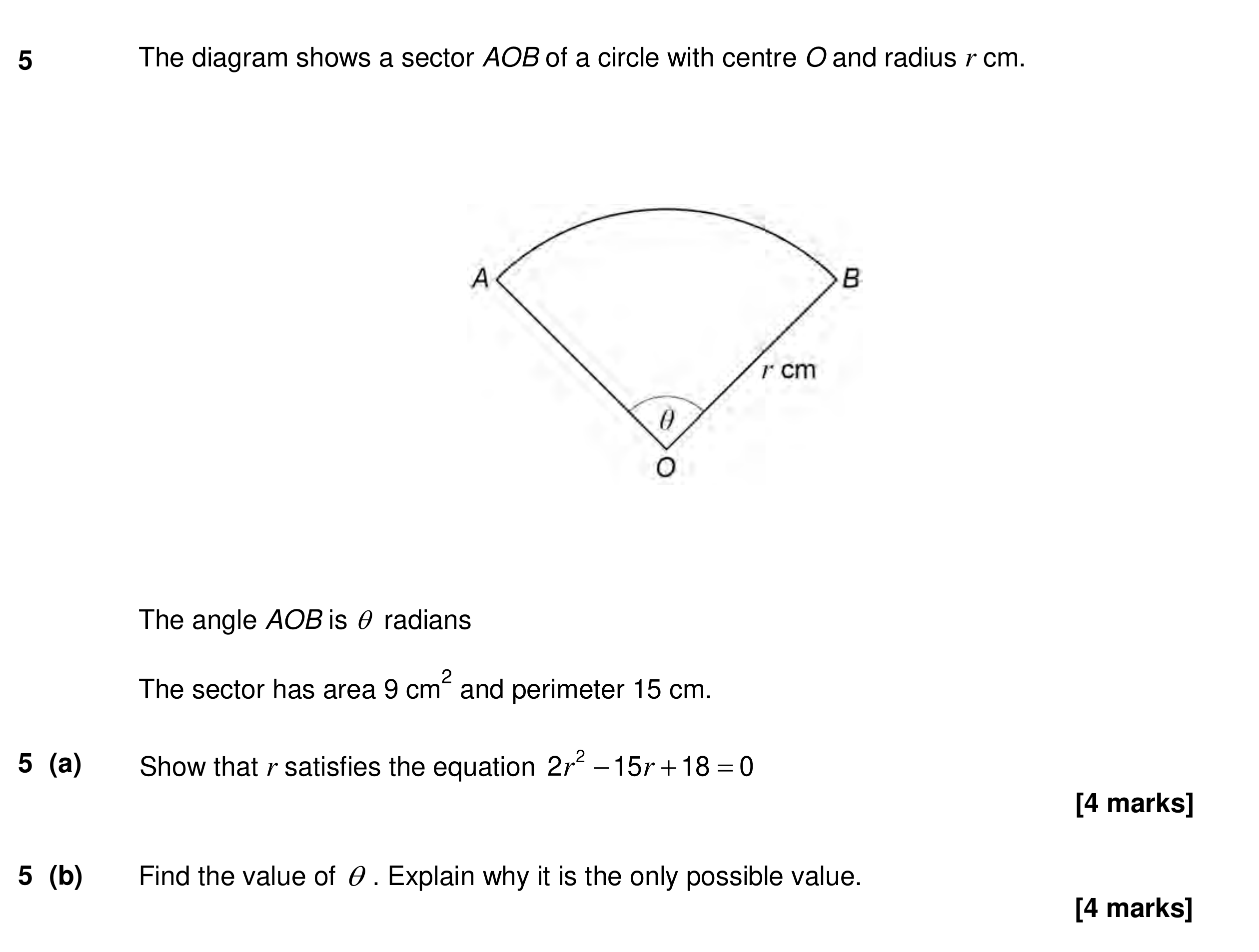 Question 5 — Arc Length, Sectors and Segments — AQA Specimen