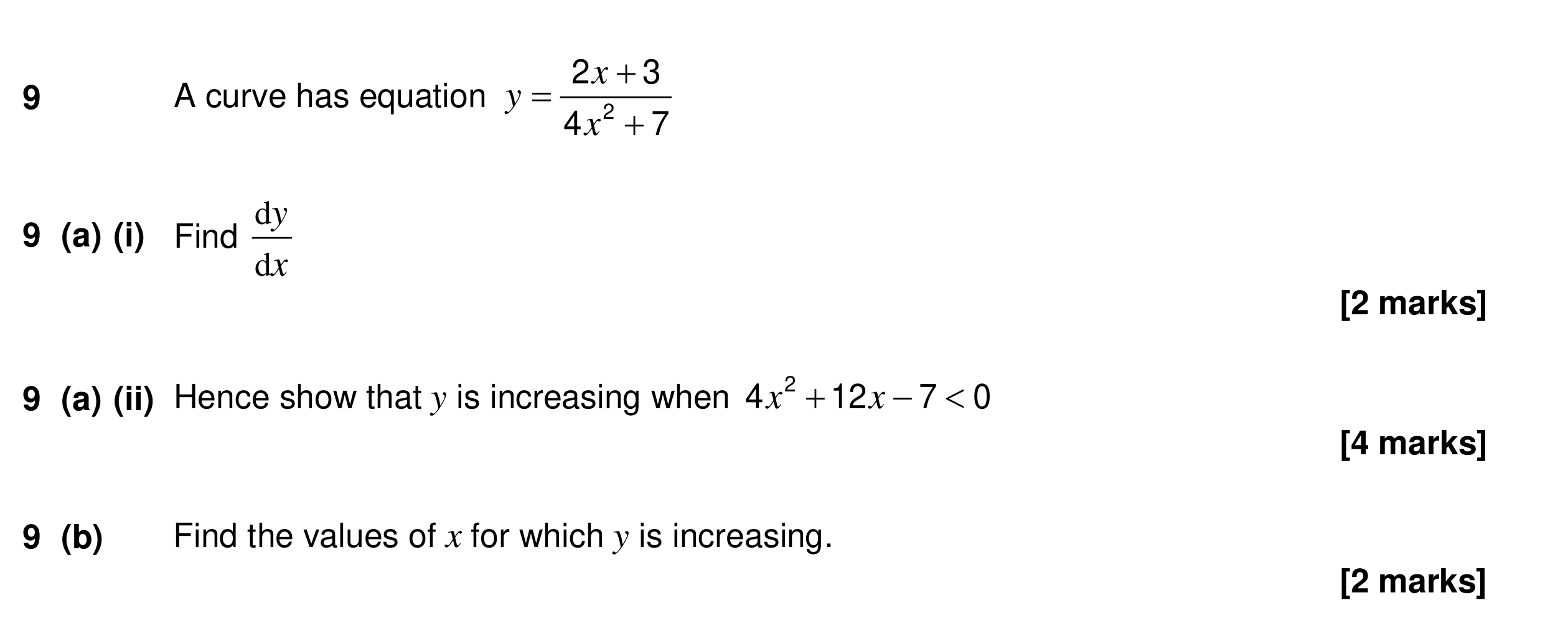 Question 9 — Differentiation, Inequalities — AQA Specimen