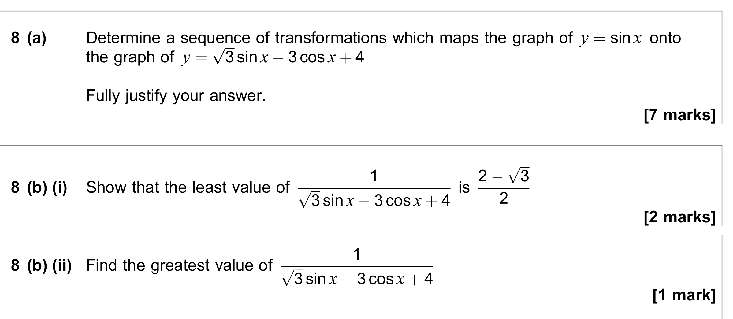 Question 8 — Trig, Graph Transformations — AQA June 2018