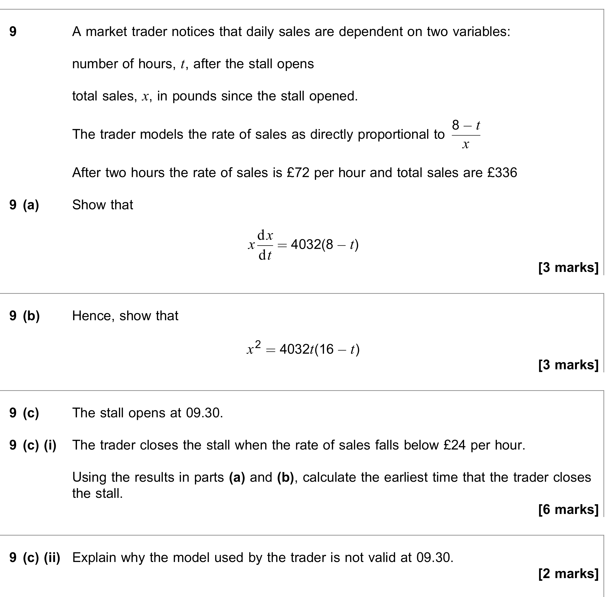 Question 9 — Rates of Change, Differential Equations — AQA June 2018