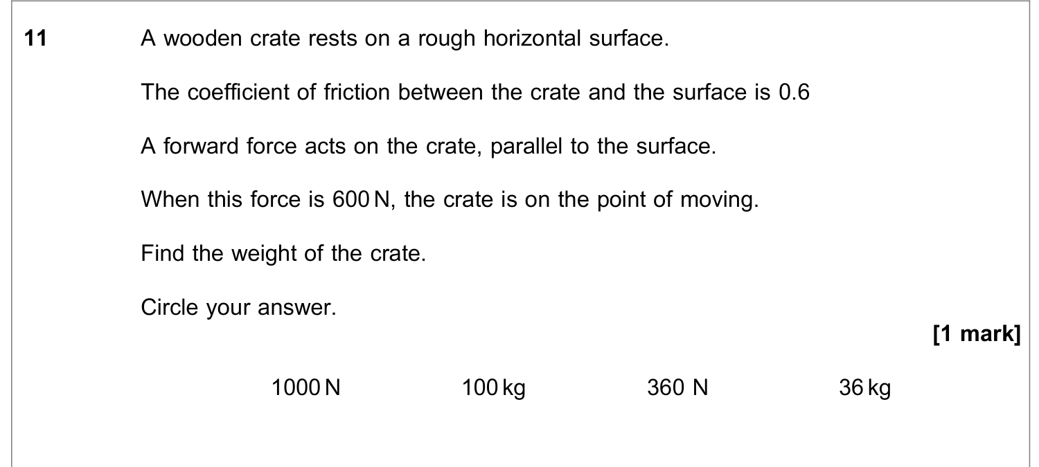 Question 11 — Forces and Friction — AQA June 2019