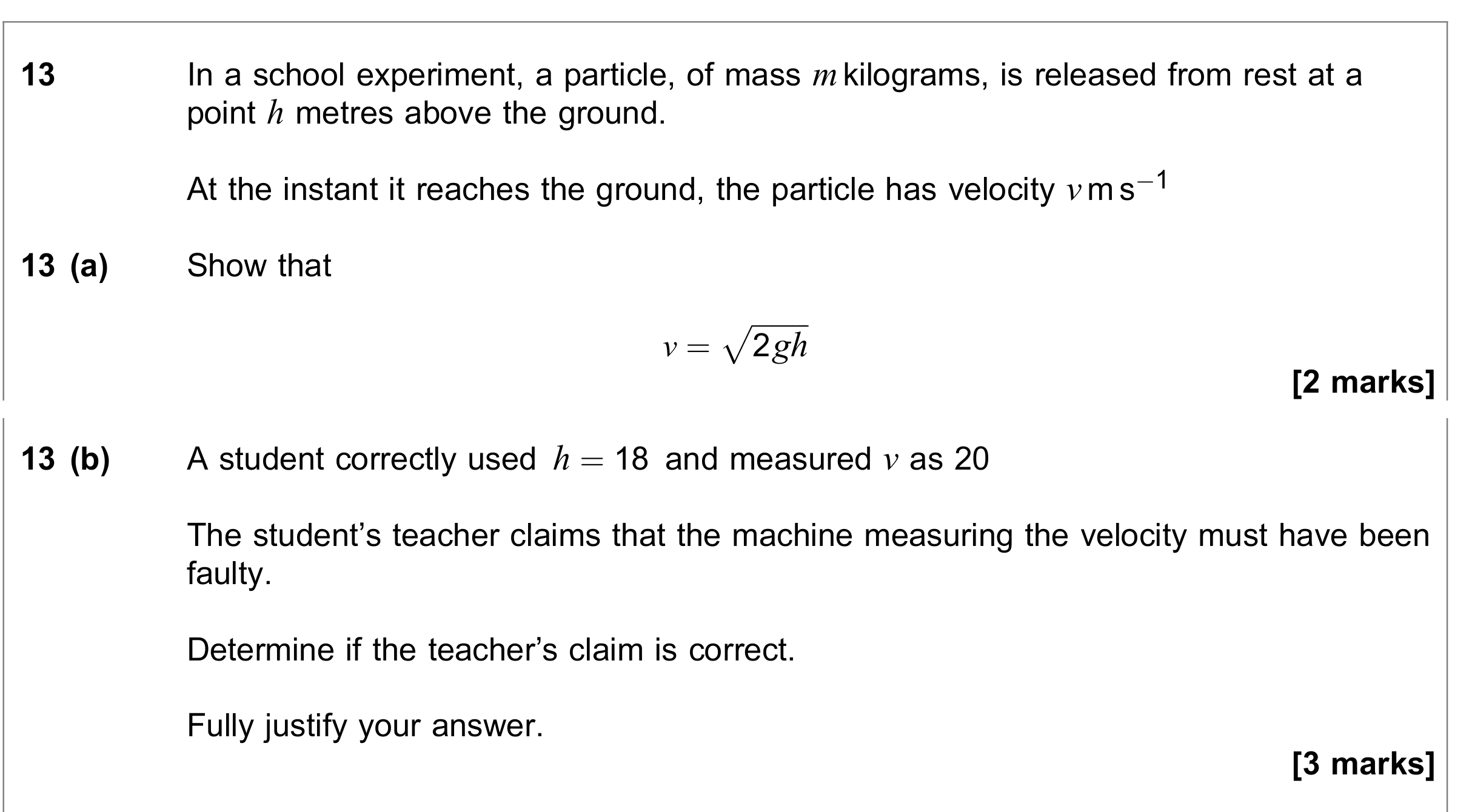 Question 13 — Vertical Motion under Gravity — AQA June 2019