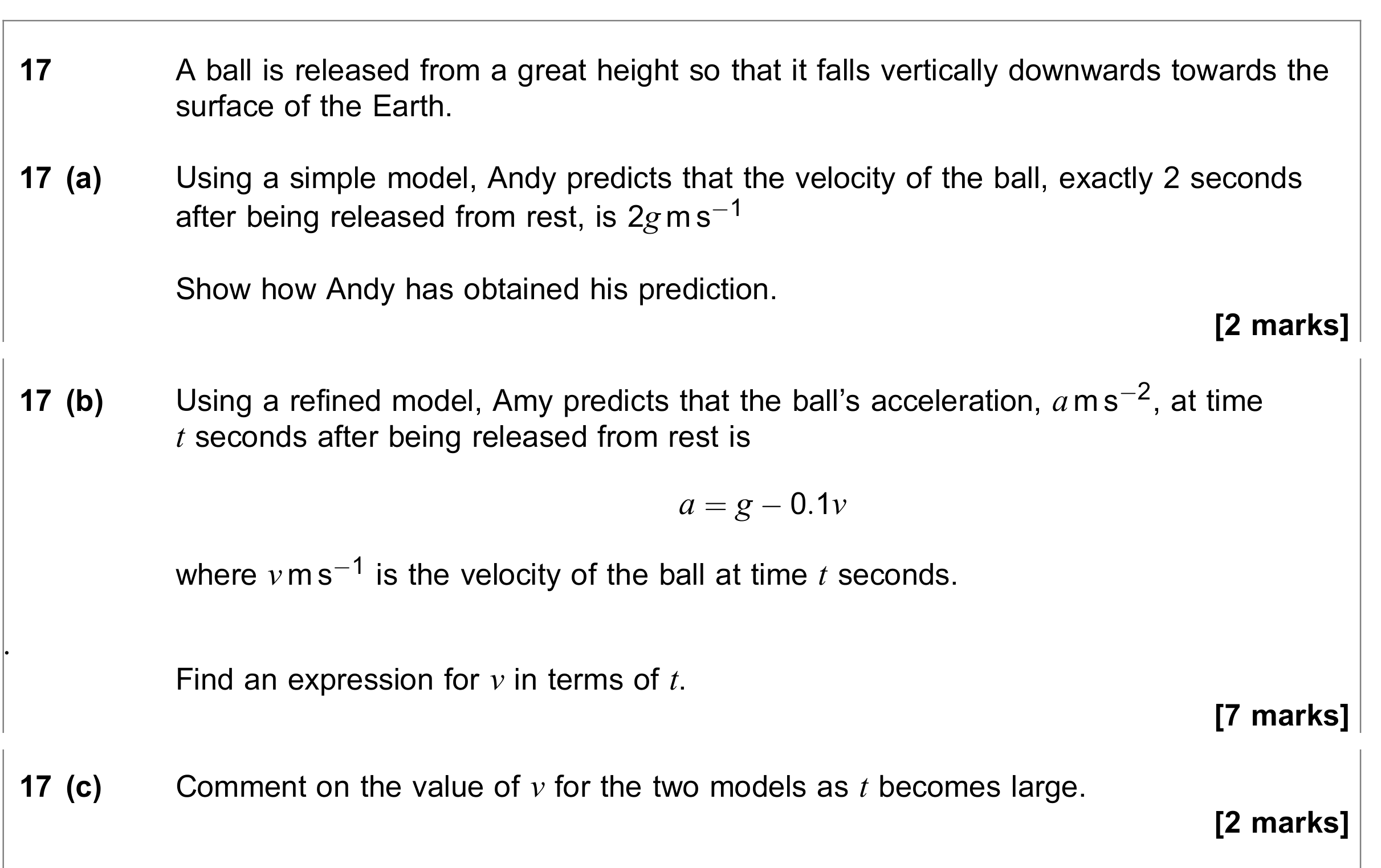 Question 17 — Vertical Motion under Gravity, Differential Equations — AQA June 2021
