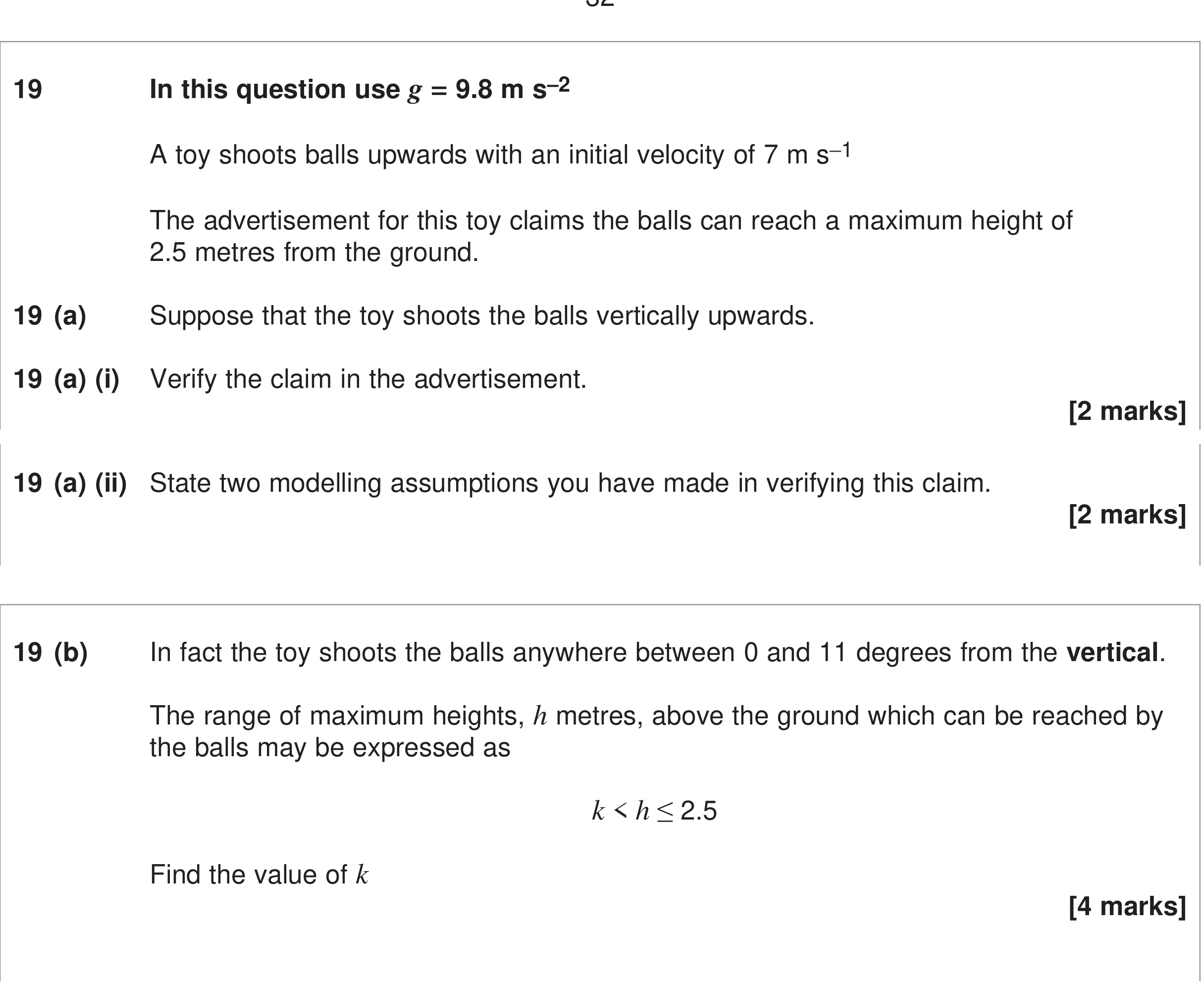 Question 19 — Vertical Motion under Gravity, Projectiles — AQA June 2024