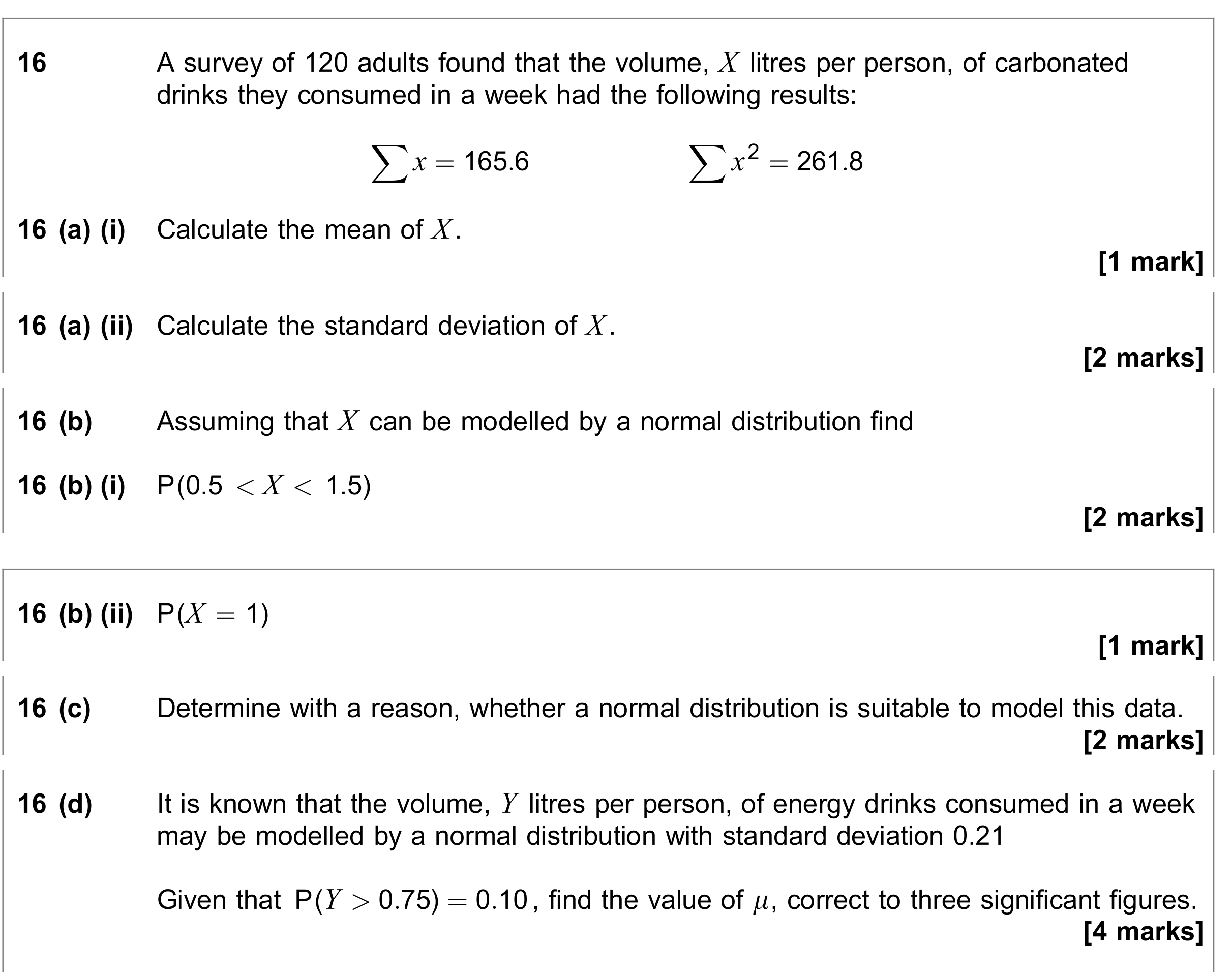 Question 16 — Mean, Variance and Standard Deviation, Normal Distribution — AQA June 2018