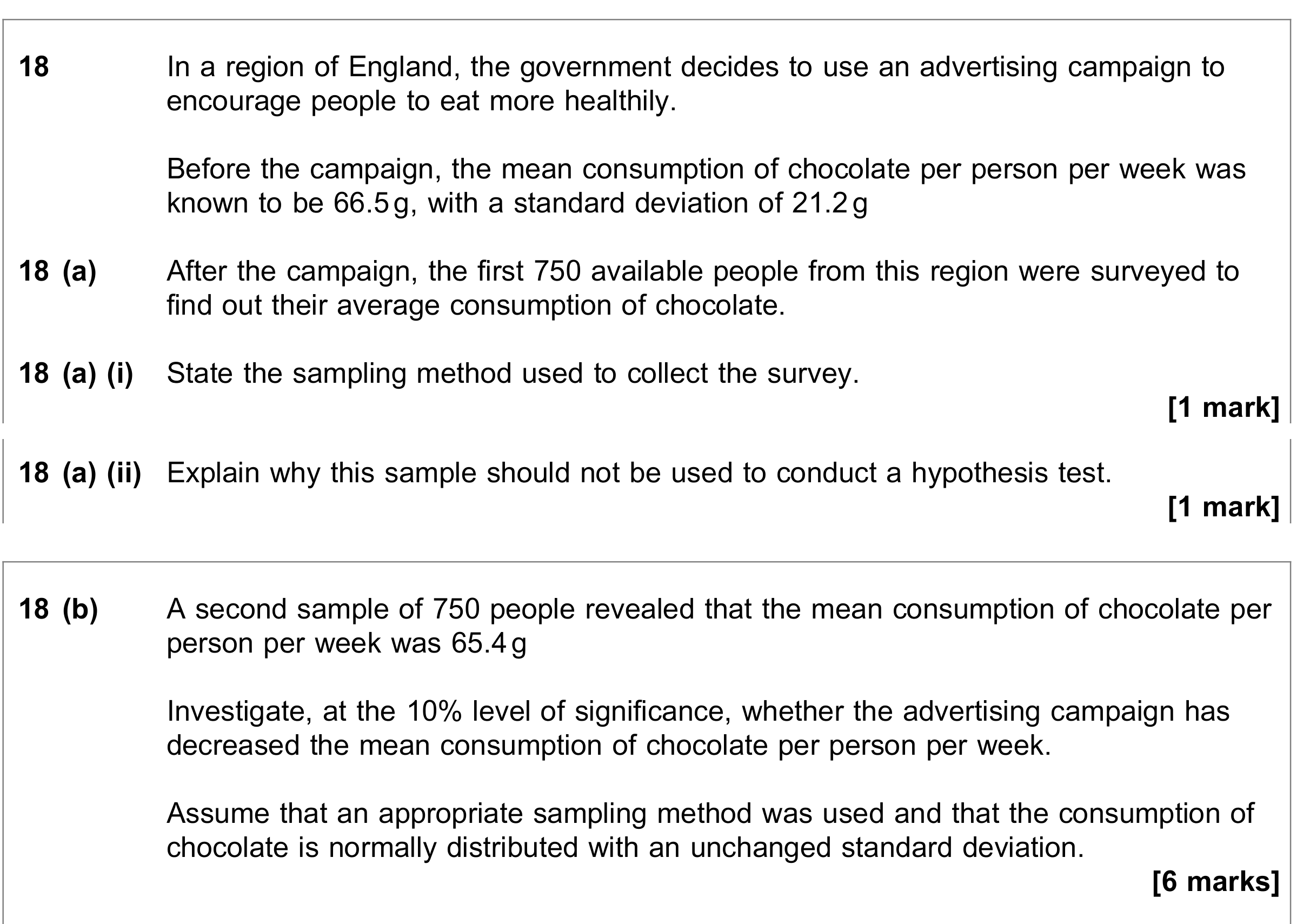 Question 18 — Sampling, Hypothesis Testing — AQA June 2018
