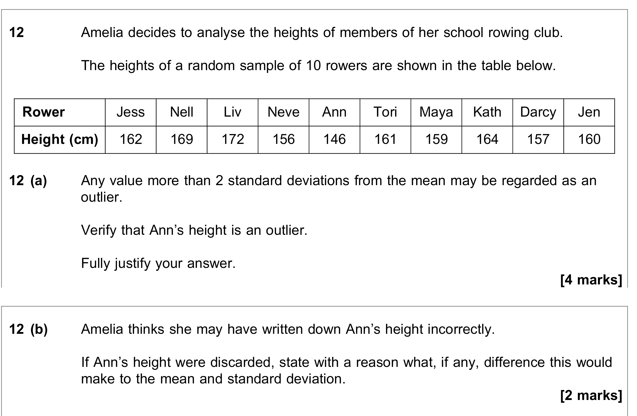 Question 12 — Outliers, Mean, Variance and Standard Deviation — AQA June 2019