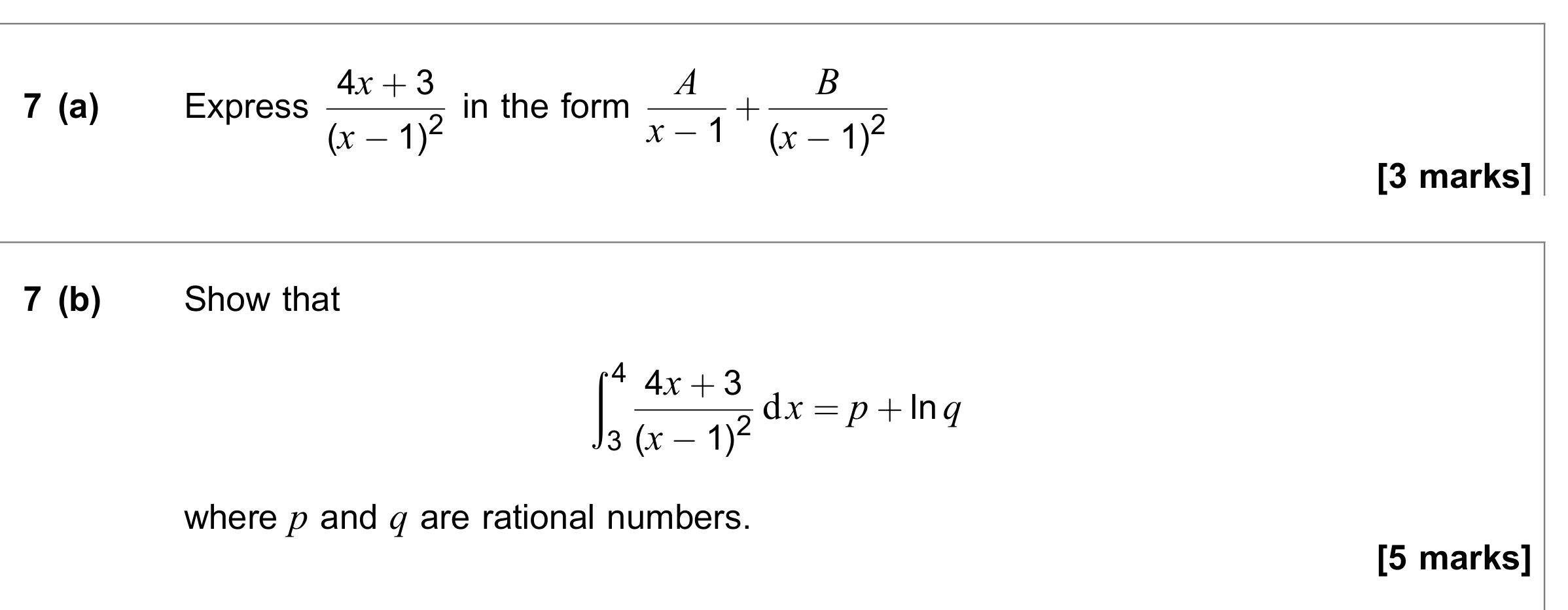 Question 7 — Partial Fractions, Integration — AQA June 2019