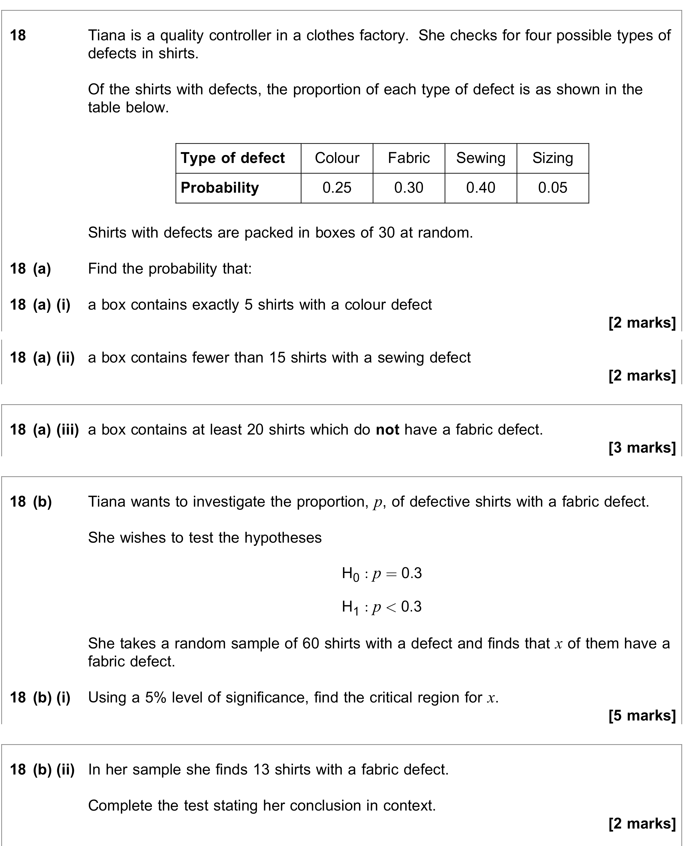Question 18 — Probability Distribution, Hypothesis Testing — AQA June 2020
