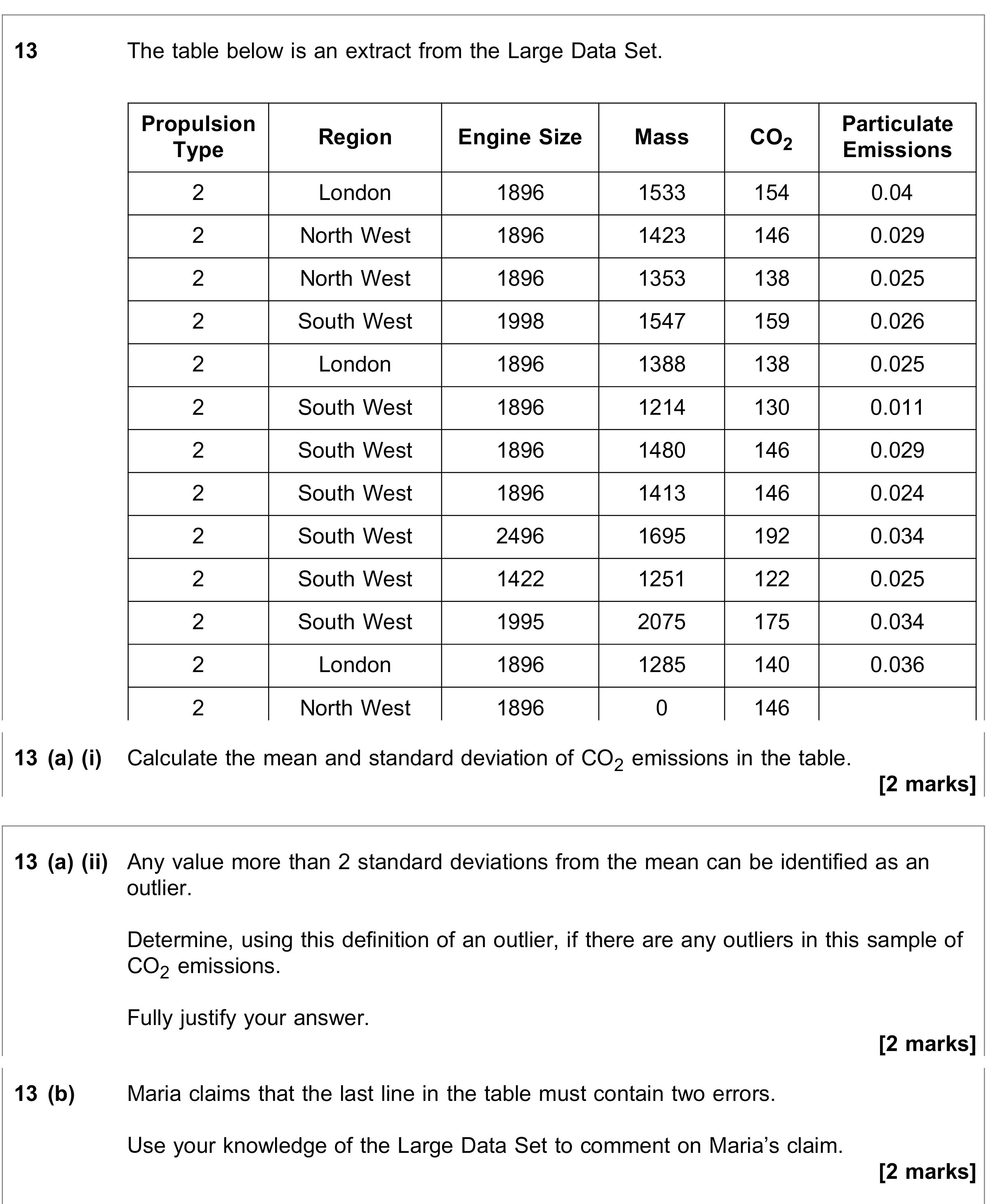Question 13 — Large Data Set, Mean, Variance and Standard Deviation, Outliers — AQA June 2021