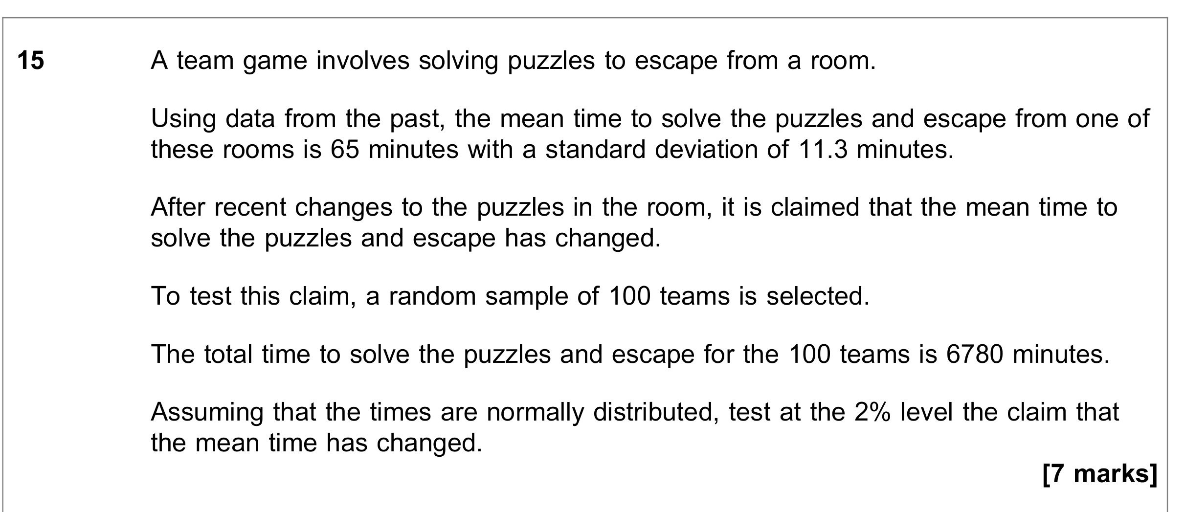 Question 15 — Hypothesis Testing — AQA June 2021