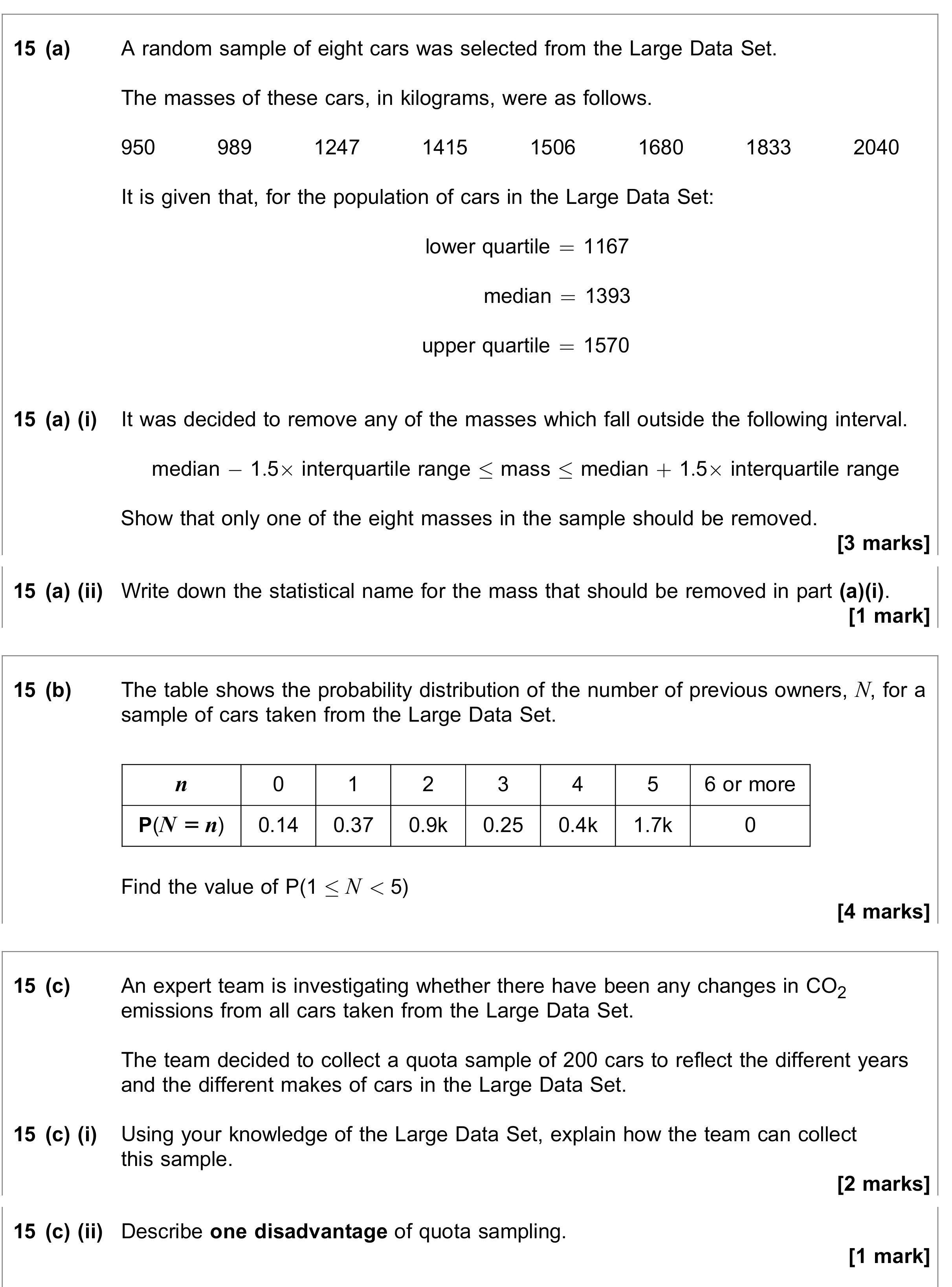 Question 15 — Outliers, Probability Distribution, Large Data Set, Sampling — AQA June 2023