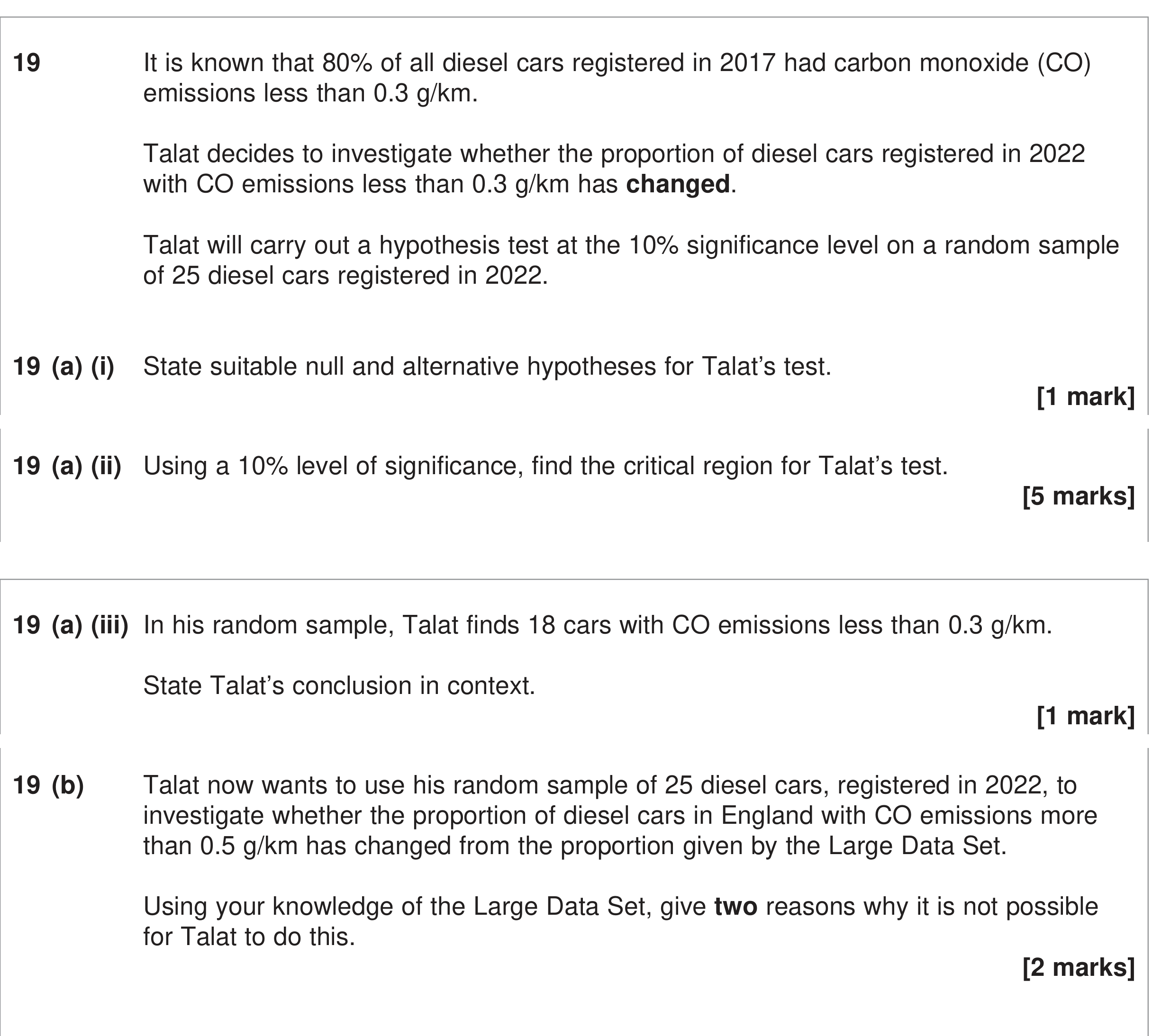 Question 19 — Hypothesis Testing, Large Data Set — AQA June 2024