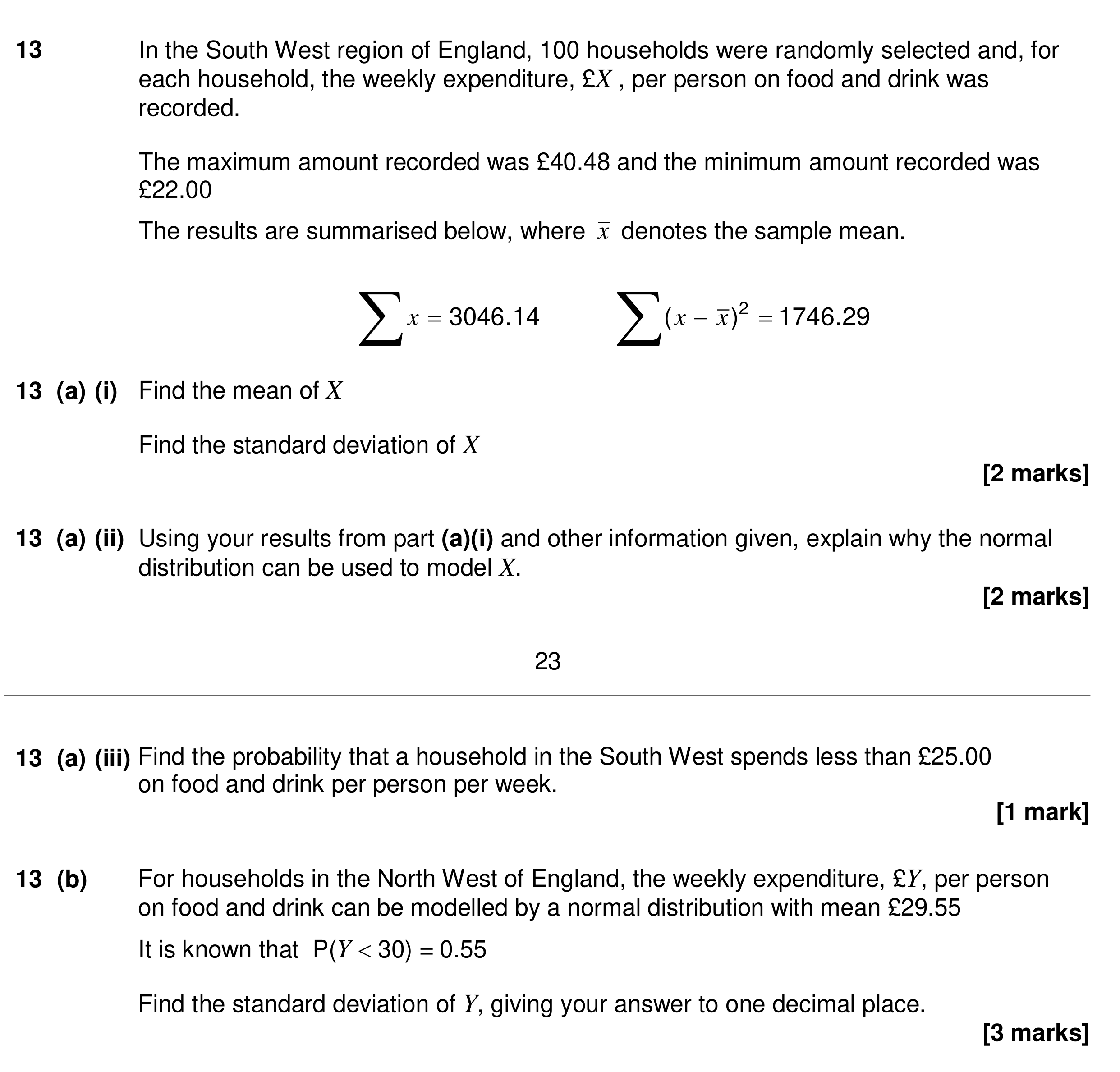 Question 13 — Mean, Variance and Standard Deviation, Normal Distribution — AQA Specimen