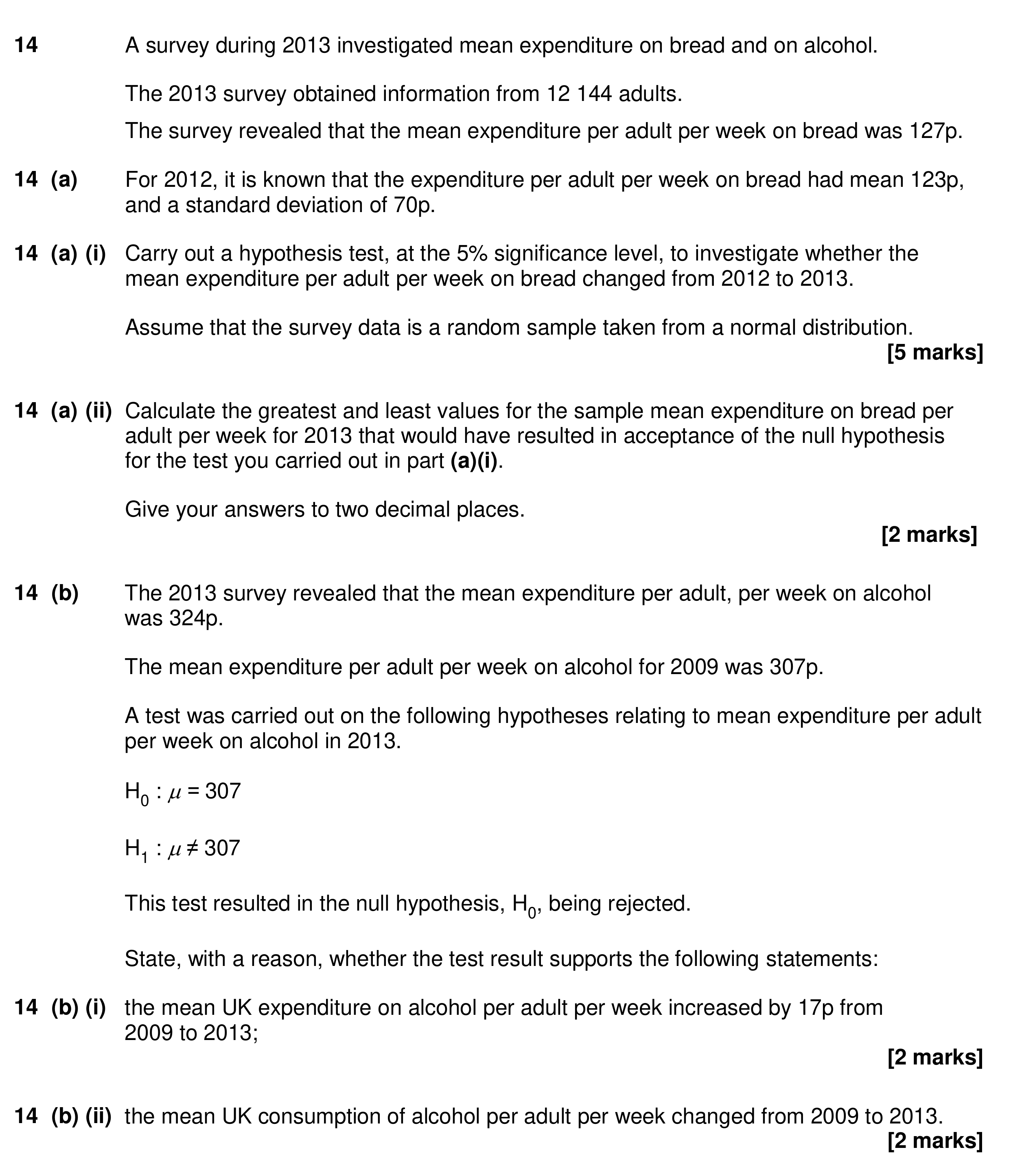 Question 14 — Hypothesis Testing — AQA Specimen