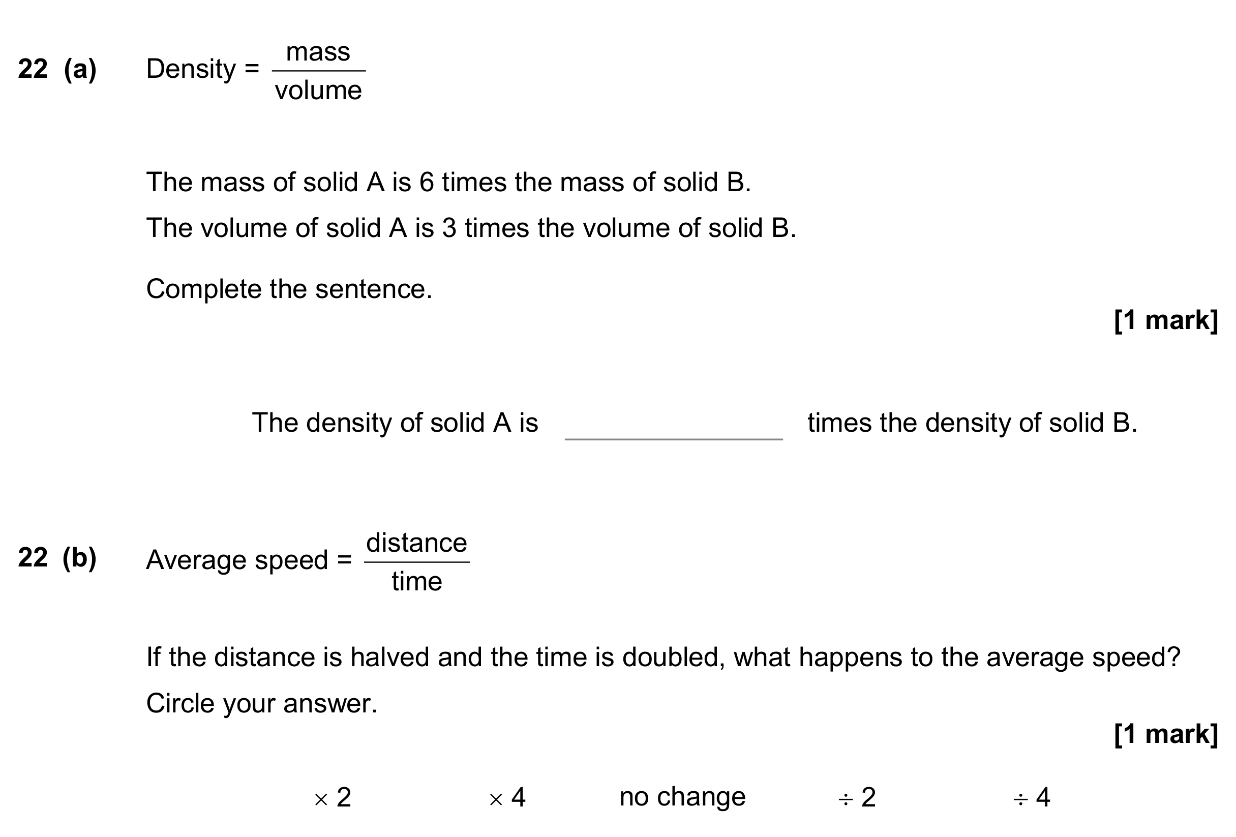 Question 22 — Speed/Distance/Time/Density/Pressure — AQA GCSE June 2017