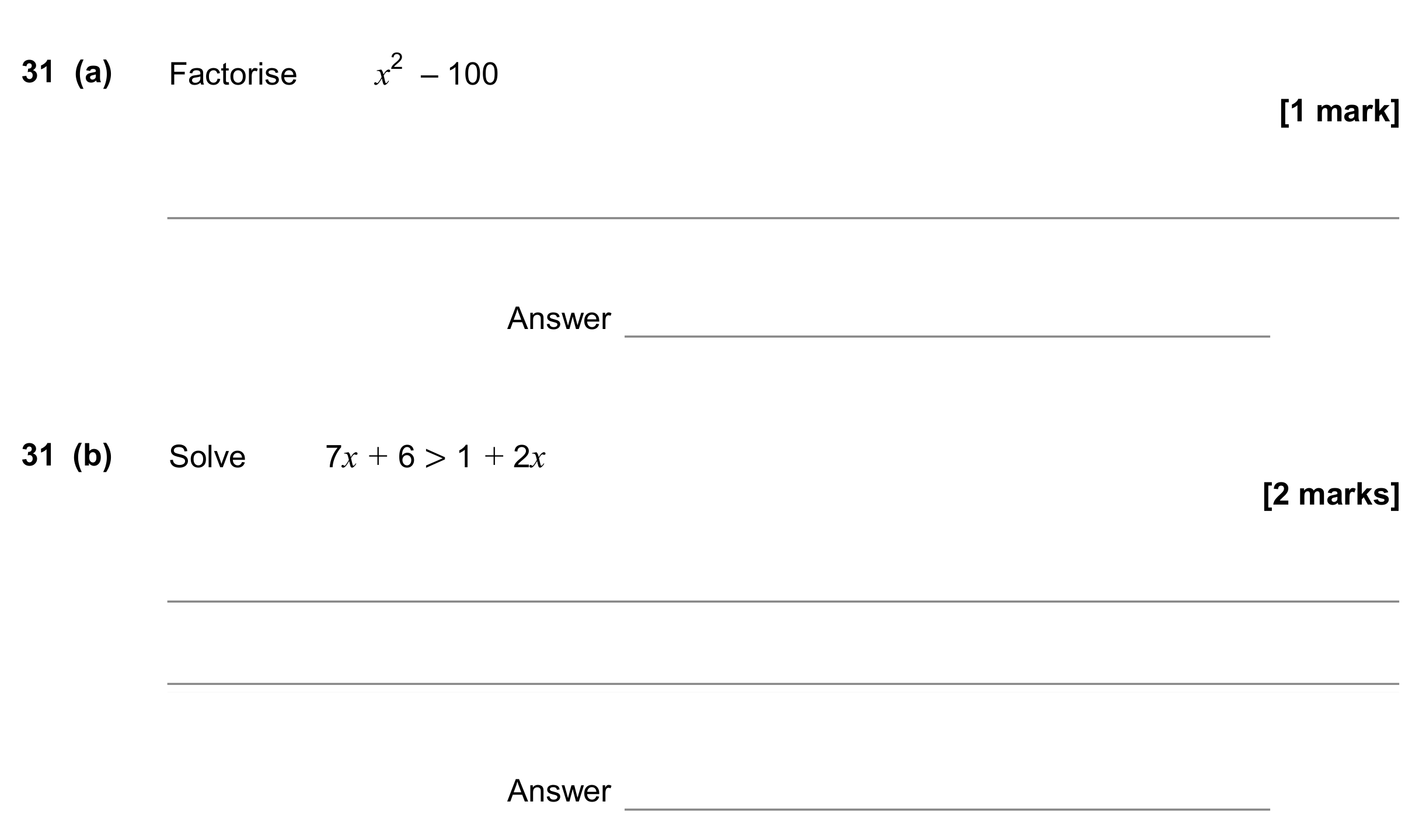 Question 31 — Factorise/Expand/Simplify, Inequalities — AQA GCSE November 2017
