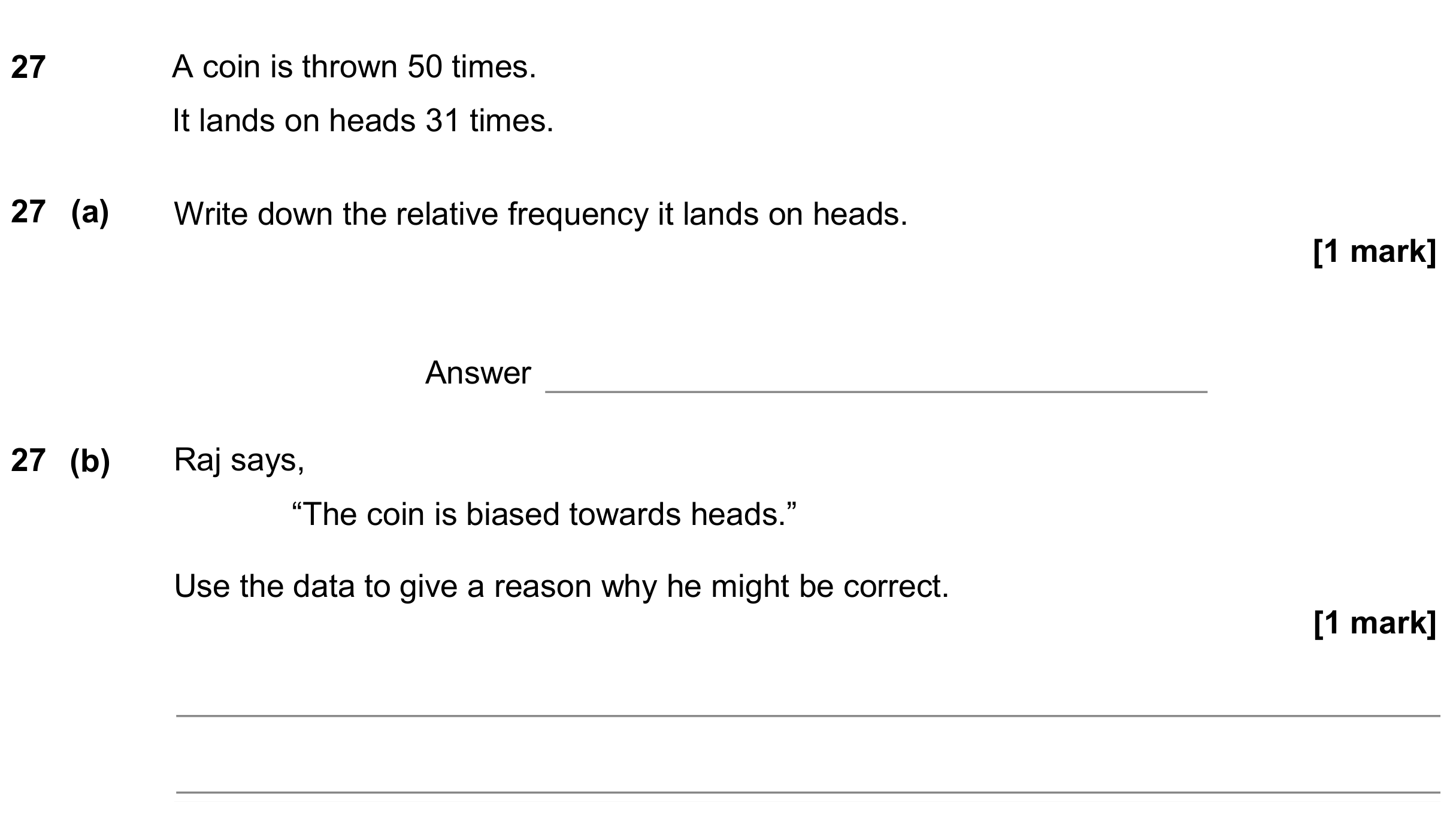 Question 27 — Probability — AQA GCSE June 2018