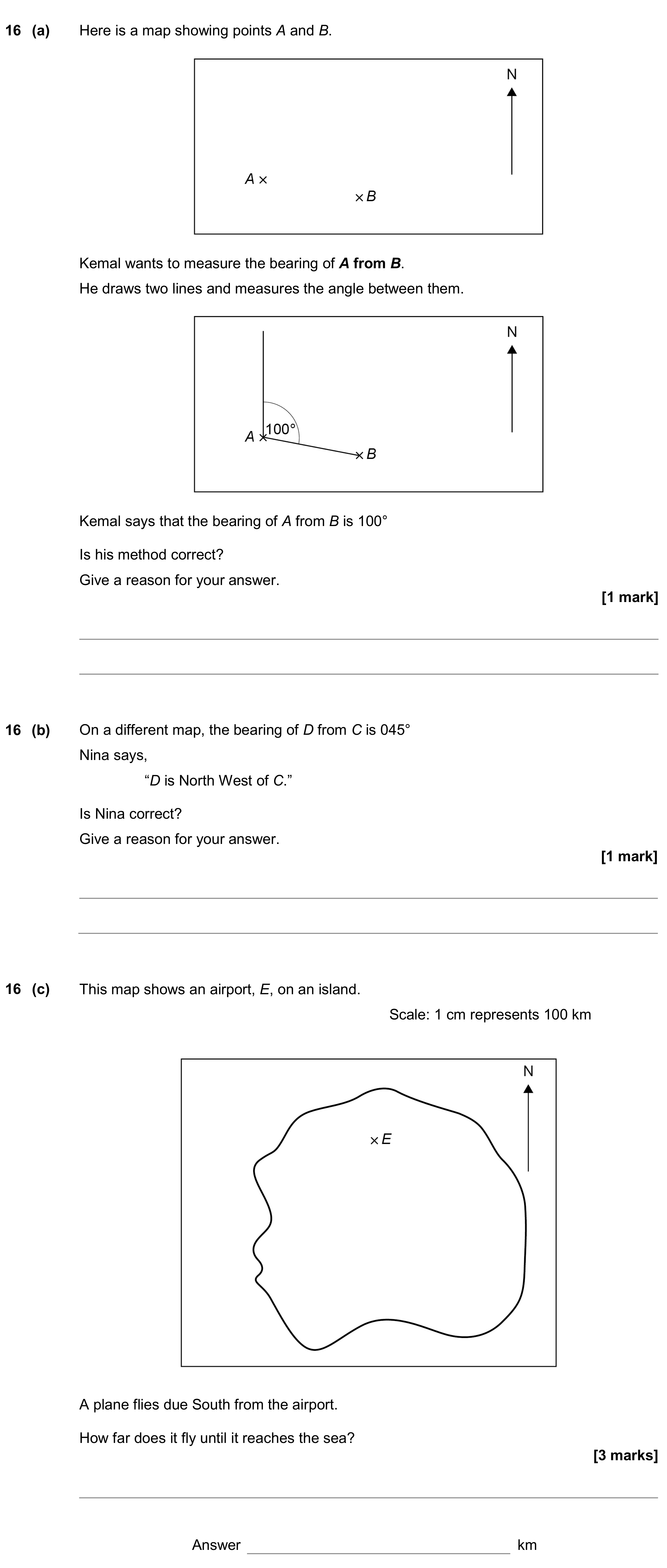 Question 16 — Maps, Bearings, Measure — AQA GCSE June 2019