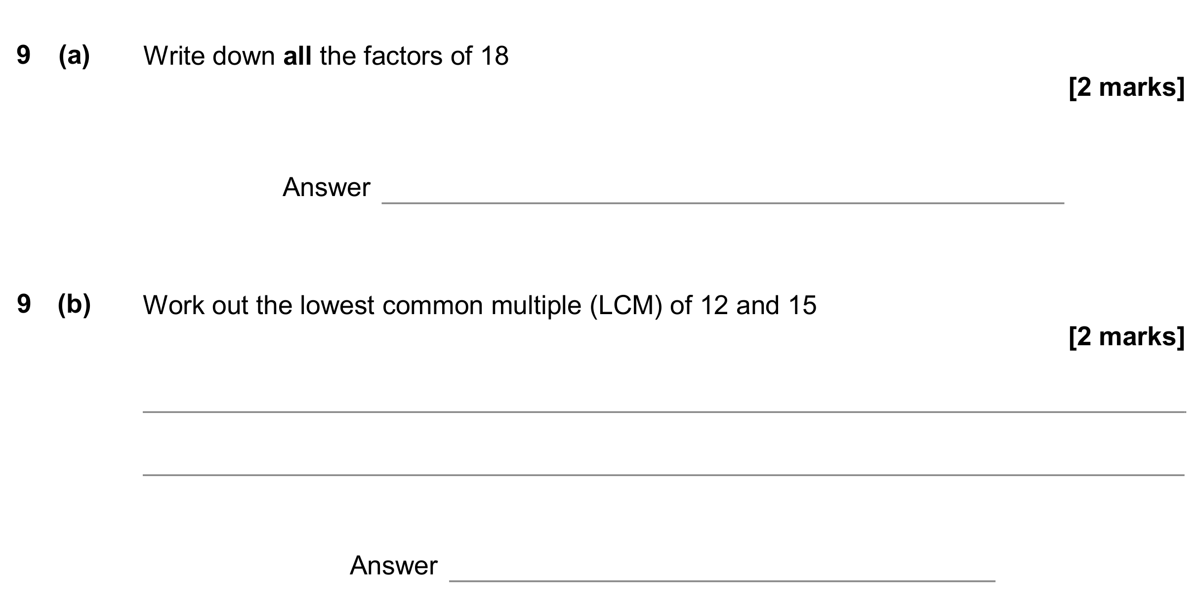 Question 9 — Factors, HCF and LCM — AQA GCSE June 2019