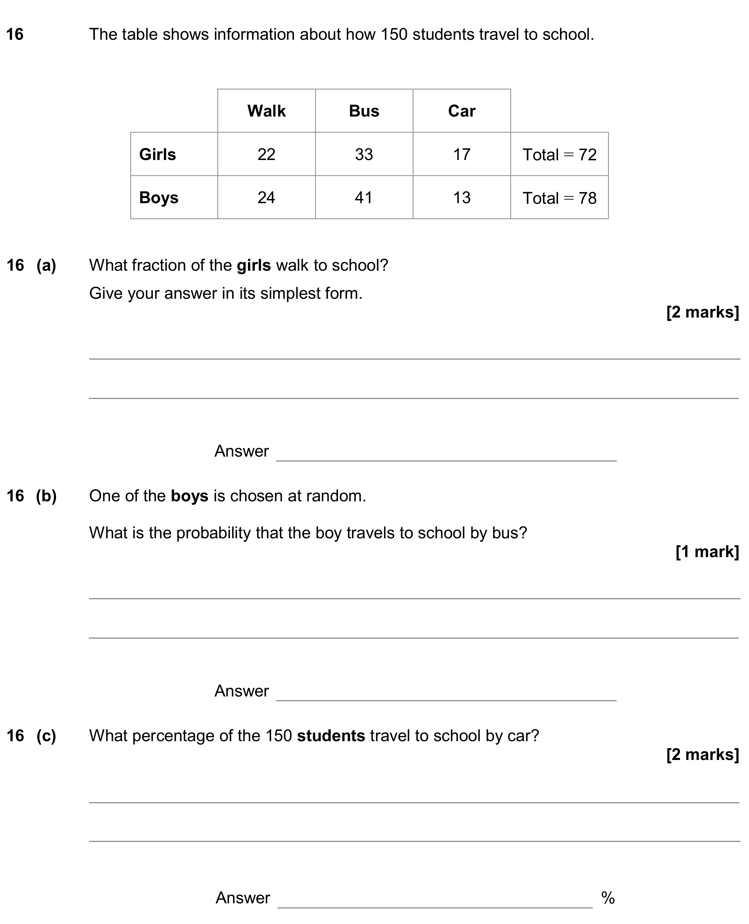 Question 16 — Two Way Table — AQA GCSE June 2020