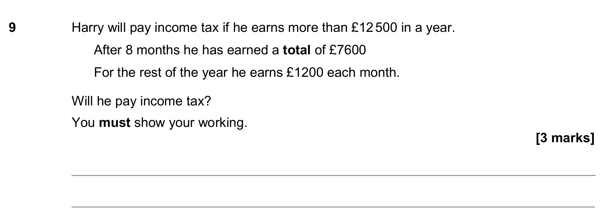 Question 9 — Money Problems — AQA GCSE June 2020