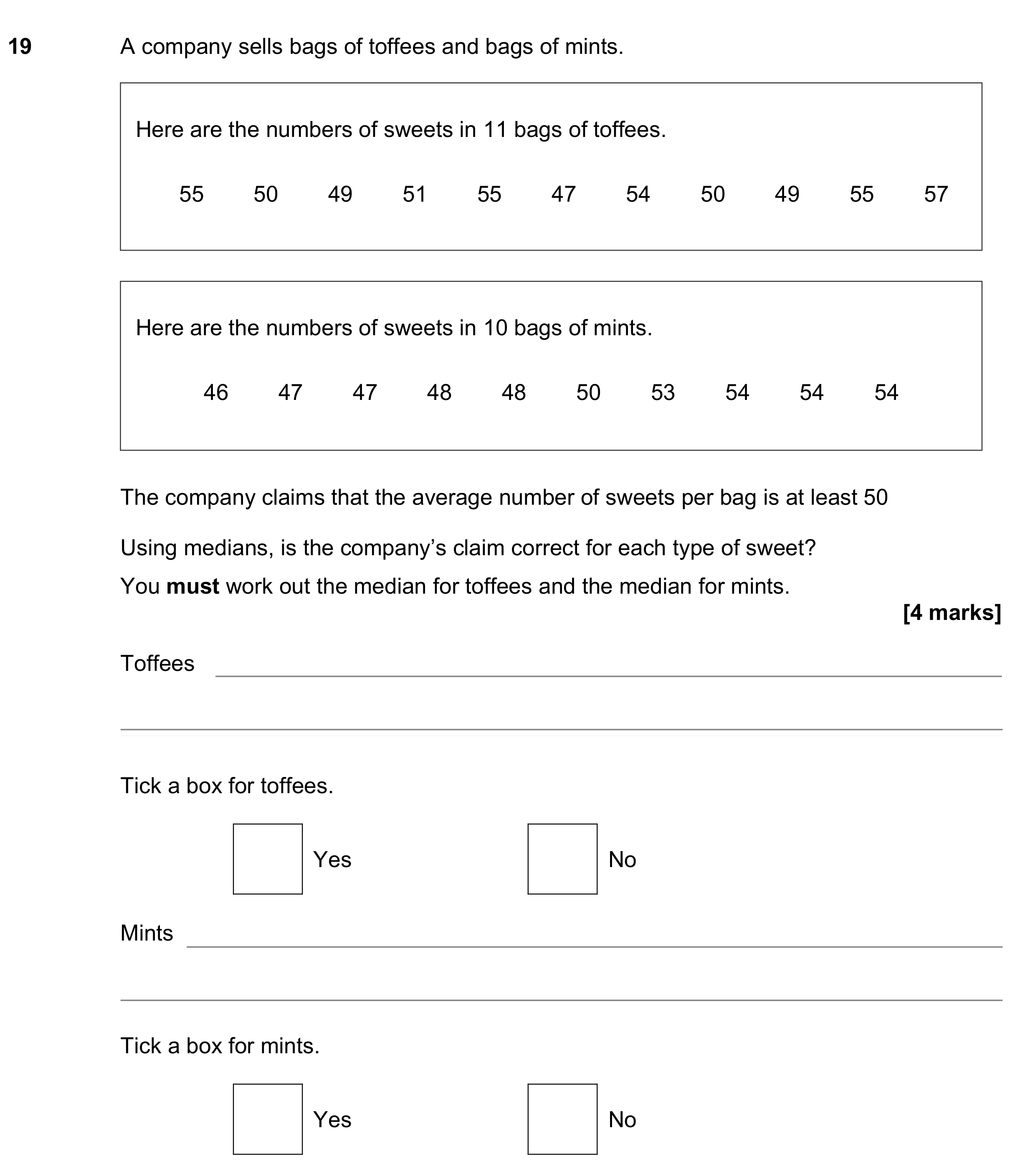 Question 19 — Mean/Median/Mode/Range — AQA GCSE June 2021