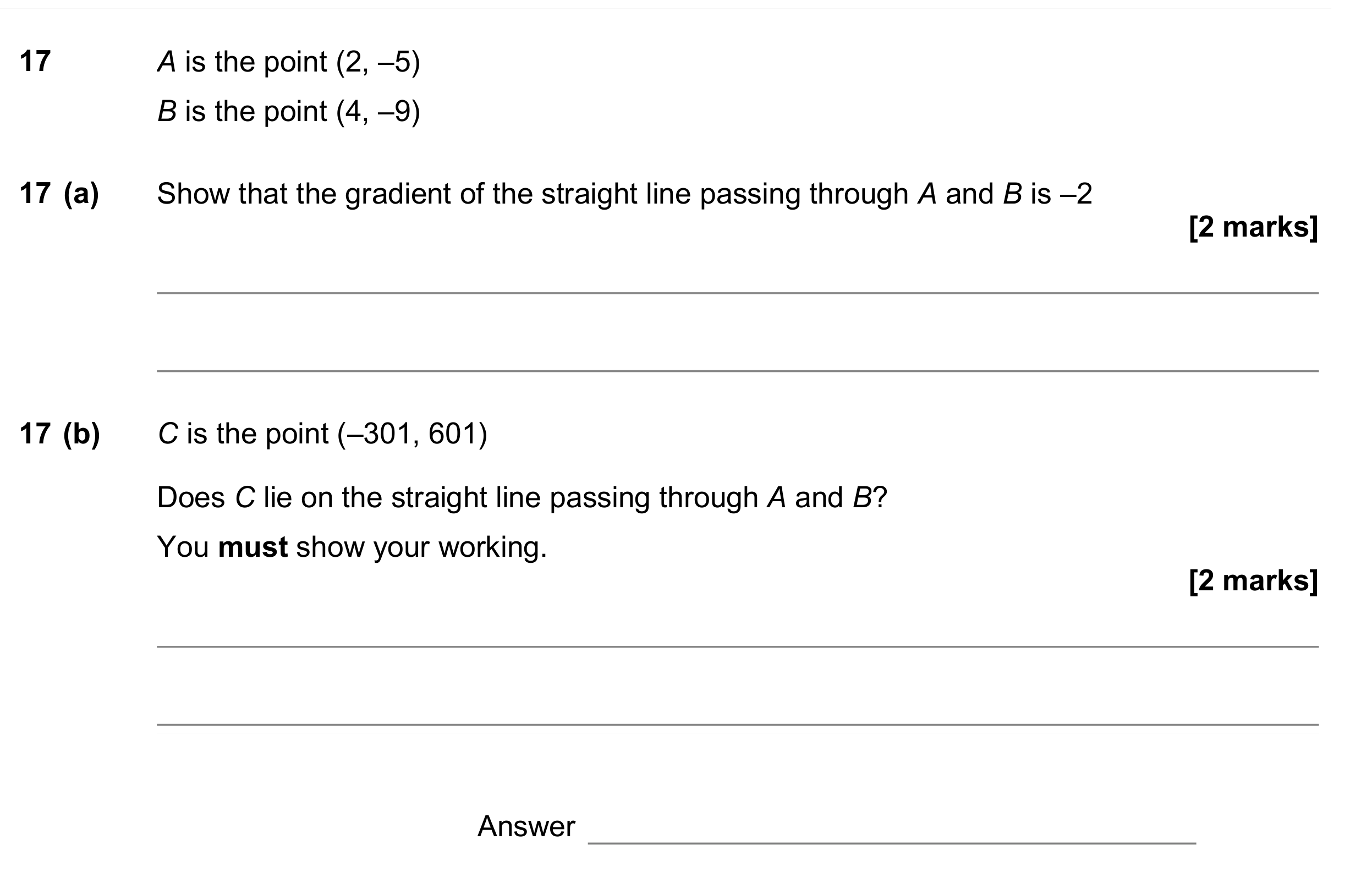 Question 17 — Straight Line Graphs — AQA GCSE June 2017