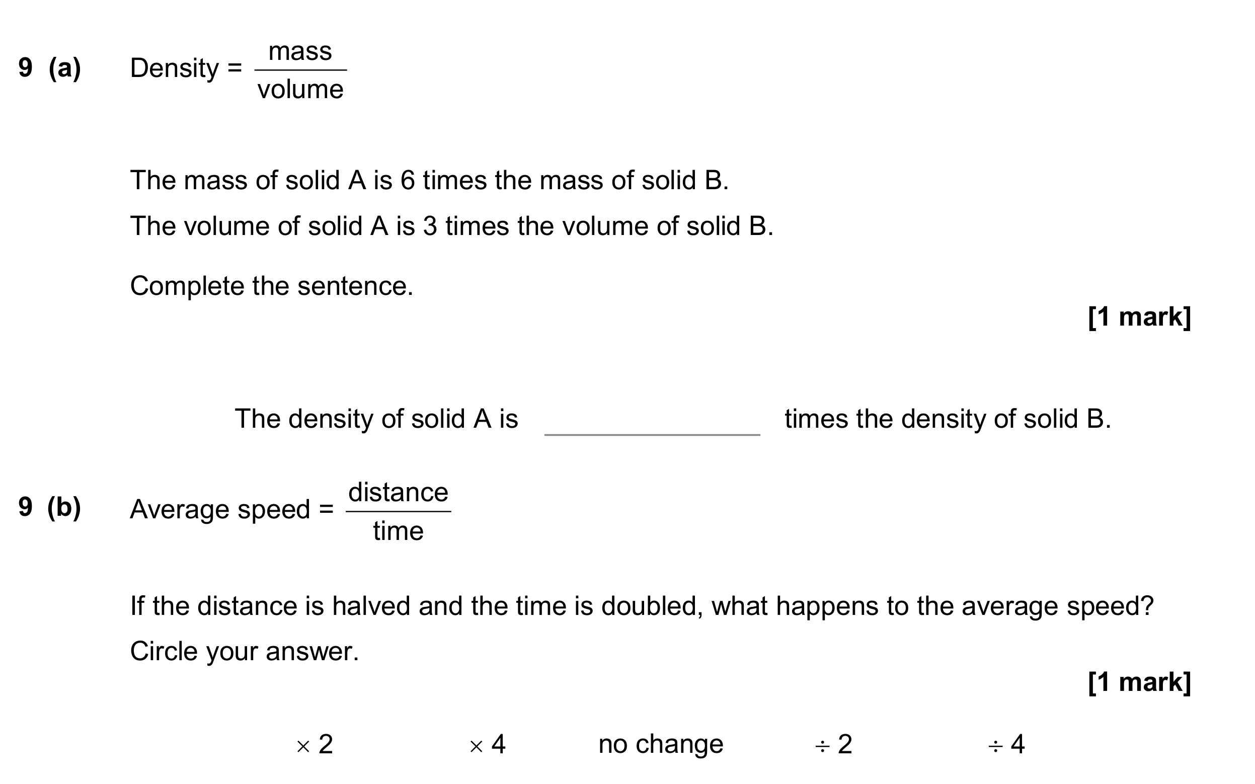 Question 9 — Speed/Distance/Time/Density/Pressure — AQA GCSE June 2017