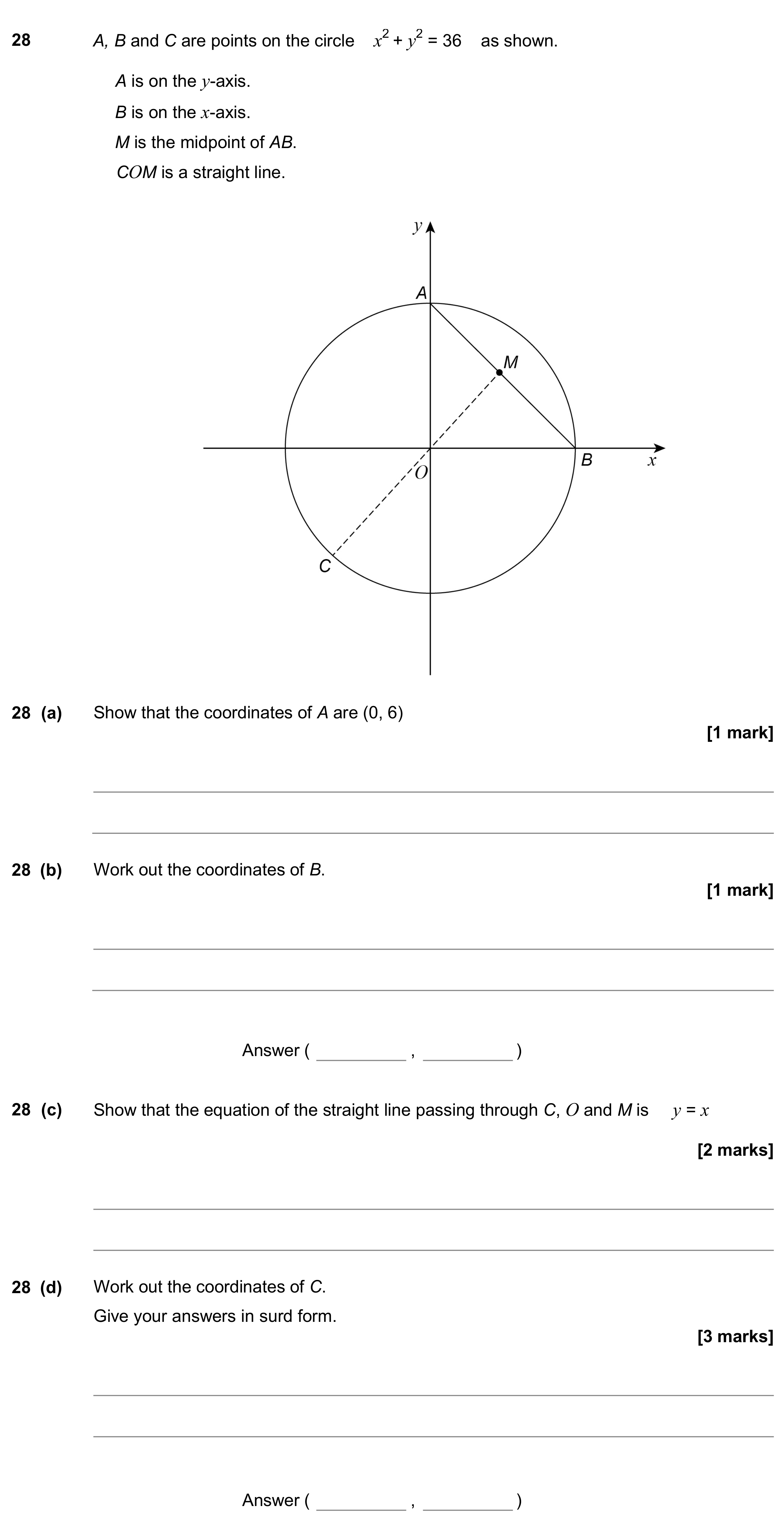 Question 28 — Circles, Straight Line Graphs, Coordinates, Simultaneous Equations — AQA GCSE November 2017