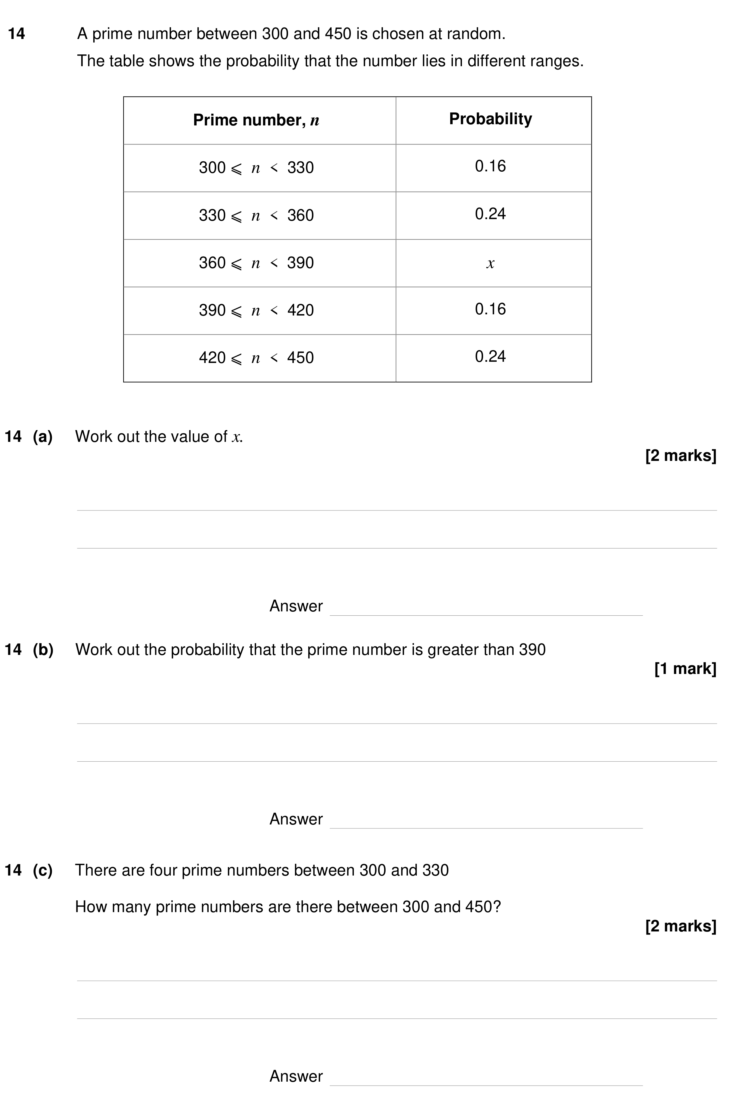 Question 14 — Probability, Prime Numbers — AQA GCSE Specimen