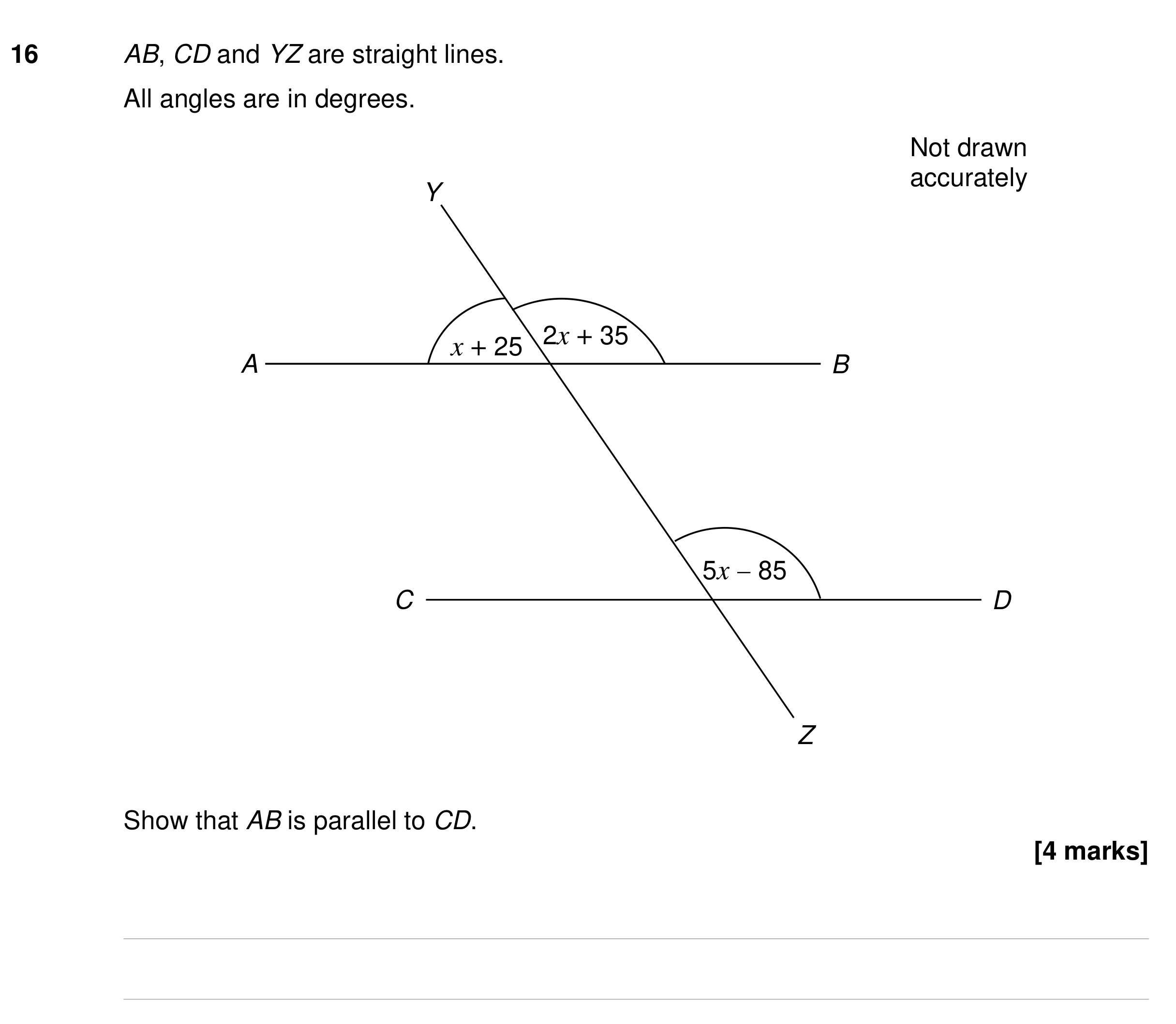 Question 16 — Angles, Angles in Parallel Lines — AQA GCSE Specimen