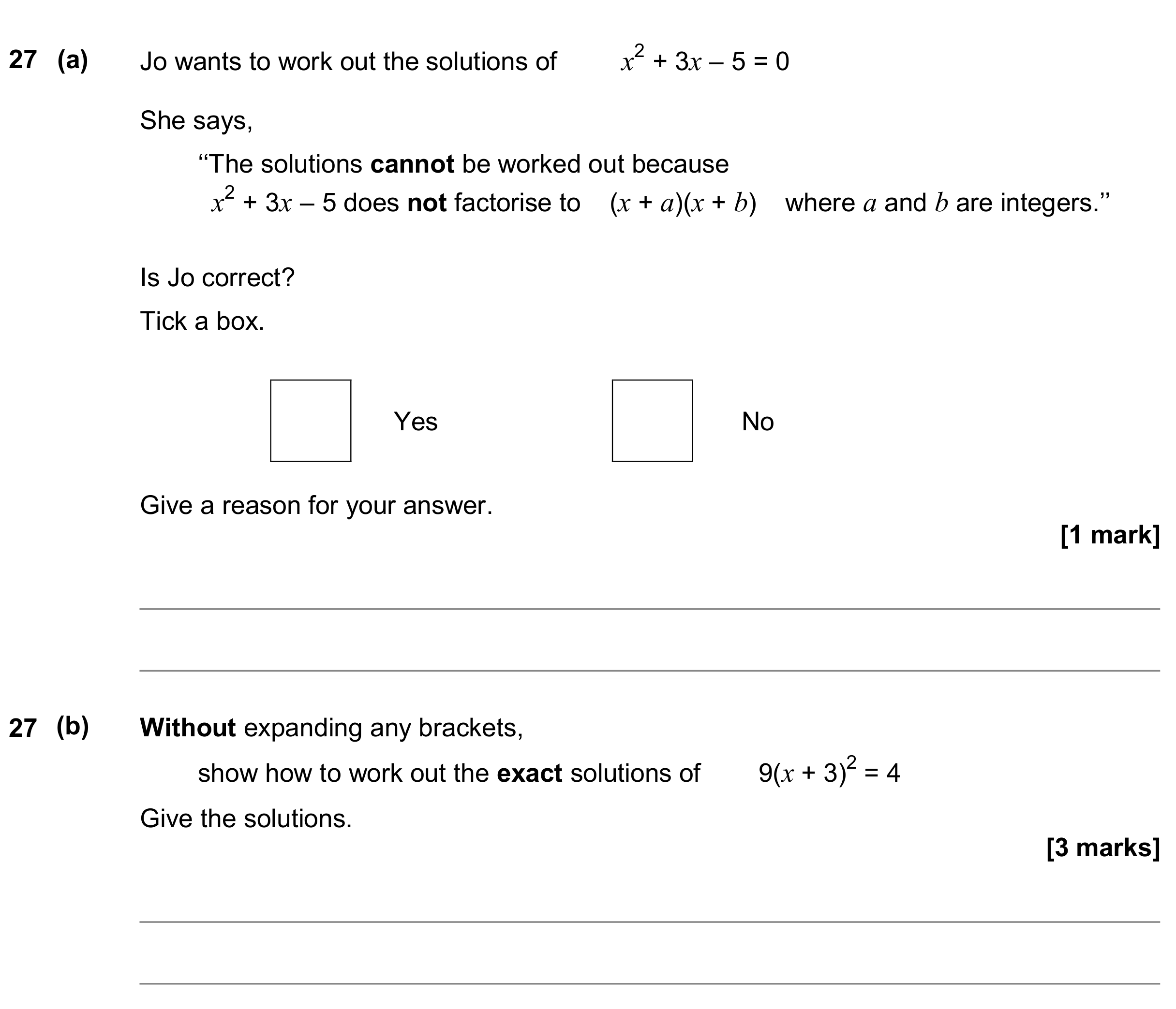 Question 27 — Quadratic Equations — AQA GCSE June 2018