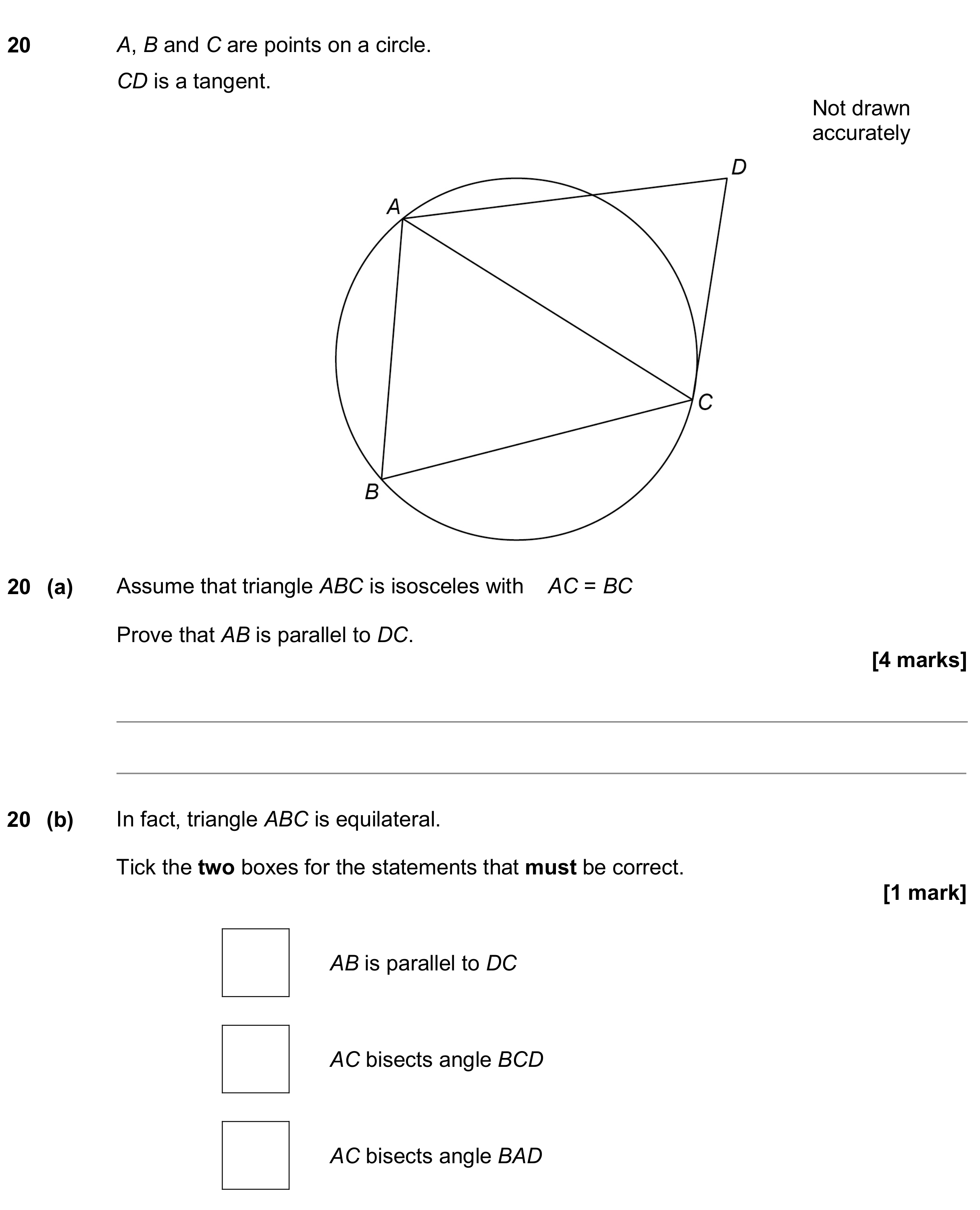 Question 20 — Circle Theorems, Angles in Parallel Lines — AQA GCSE June 2019