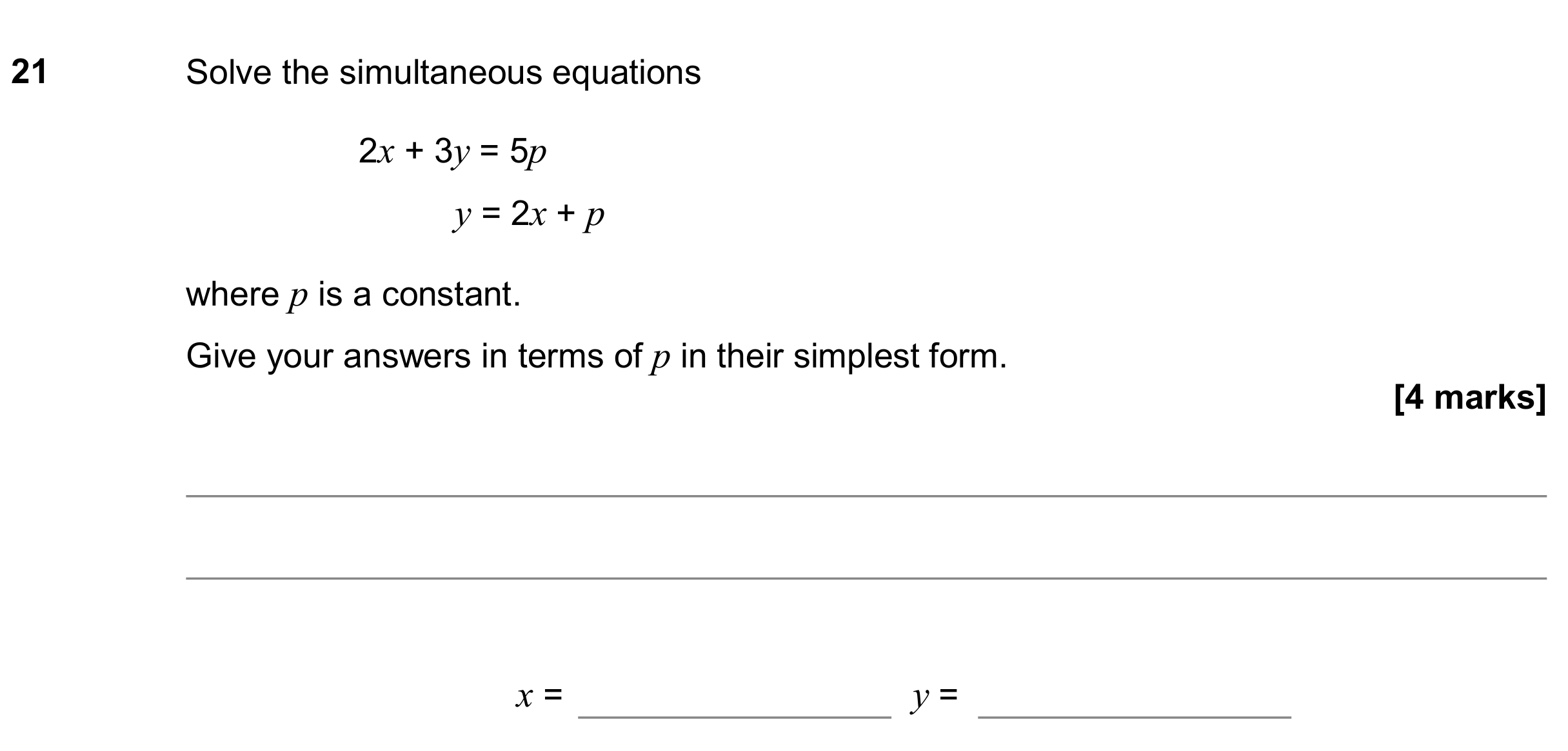 Question 21 — Simultaneous Equations — AQA GCSE June 2019