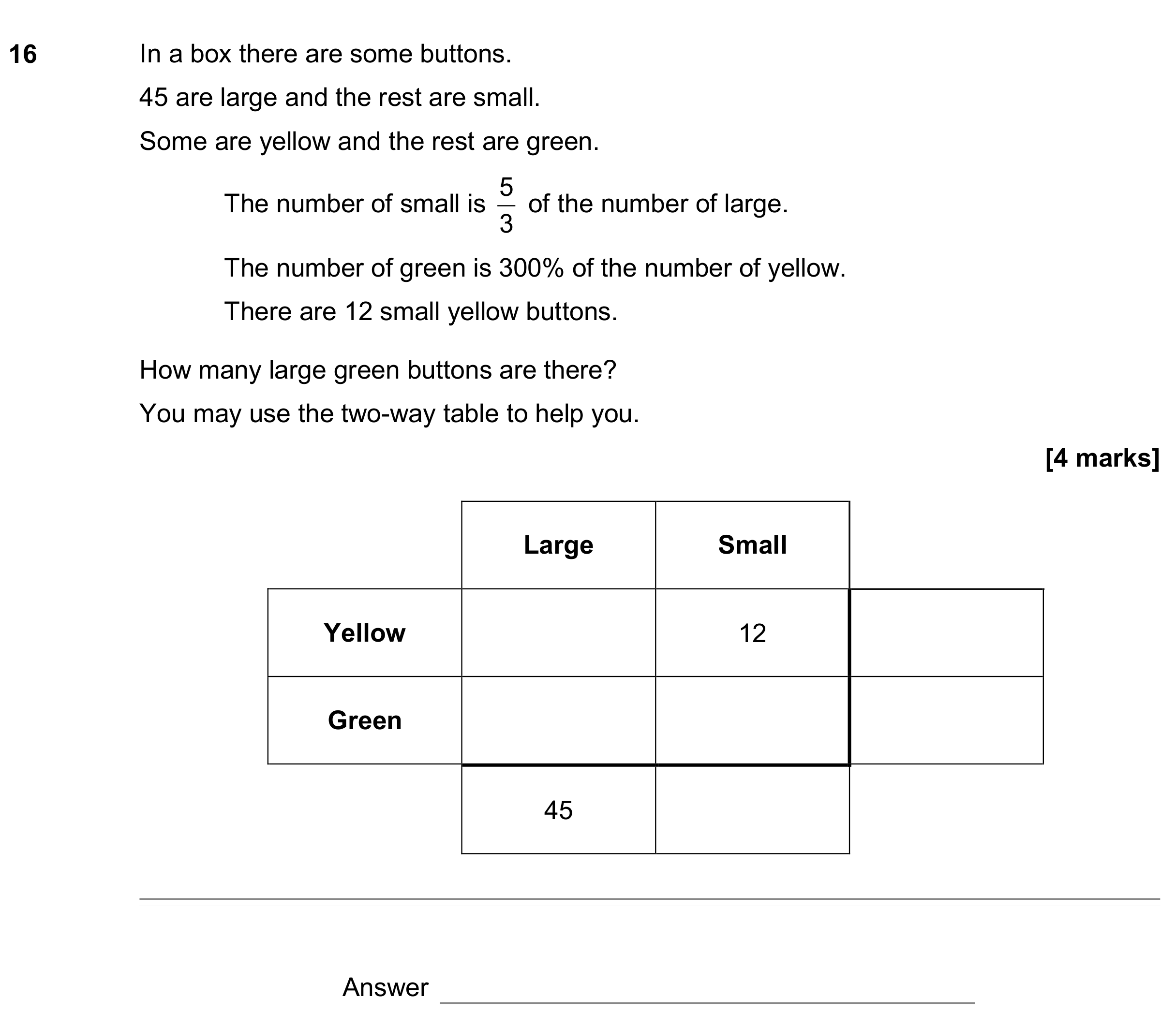 Question 16 — Two Way Table — AQA GCSE November 2019