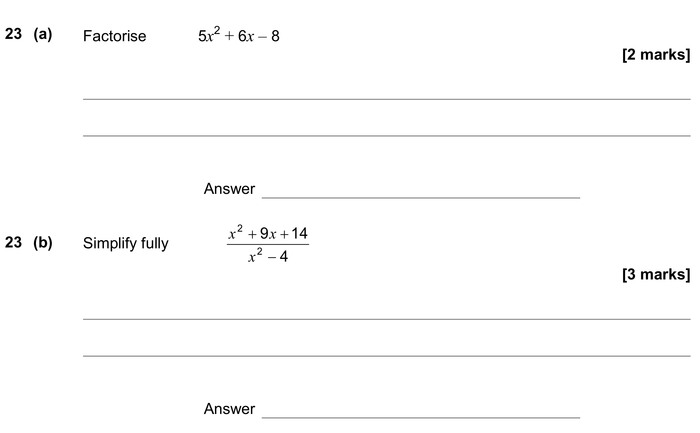 Question 23 — Quadratic Equations, Algebra Fractions — AQA GCSE November 2019