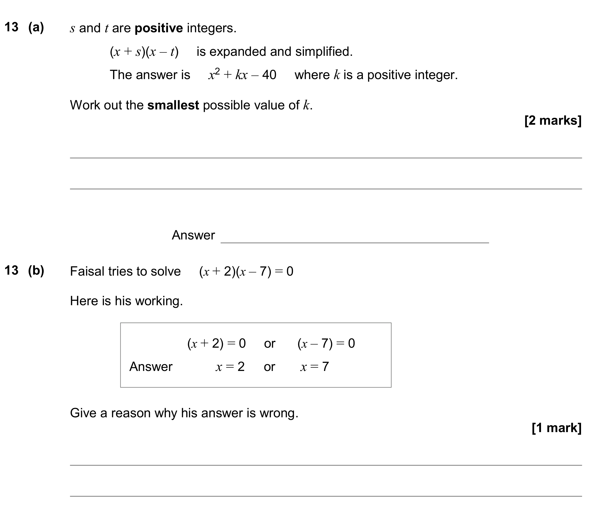 Question 13 — Quadratic Equations — AQA GCSE June 2020