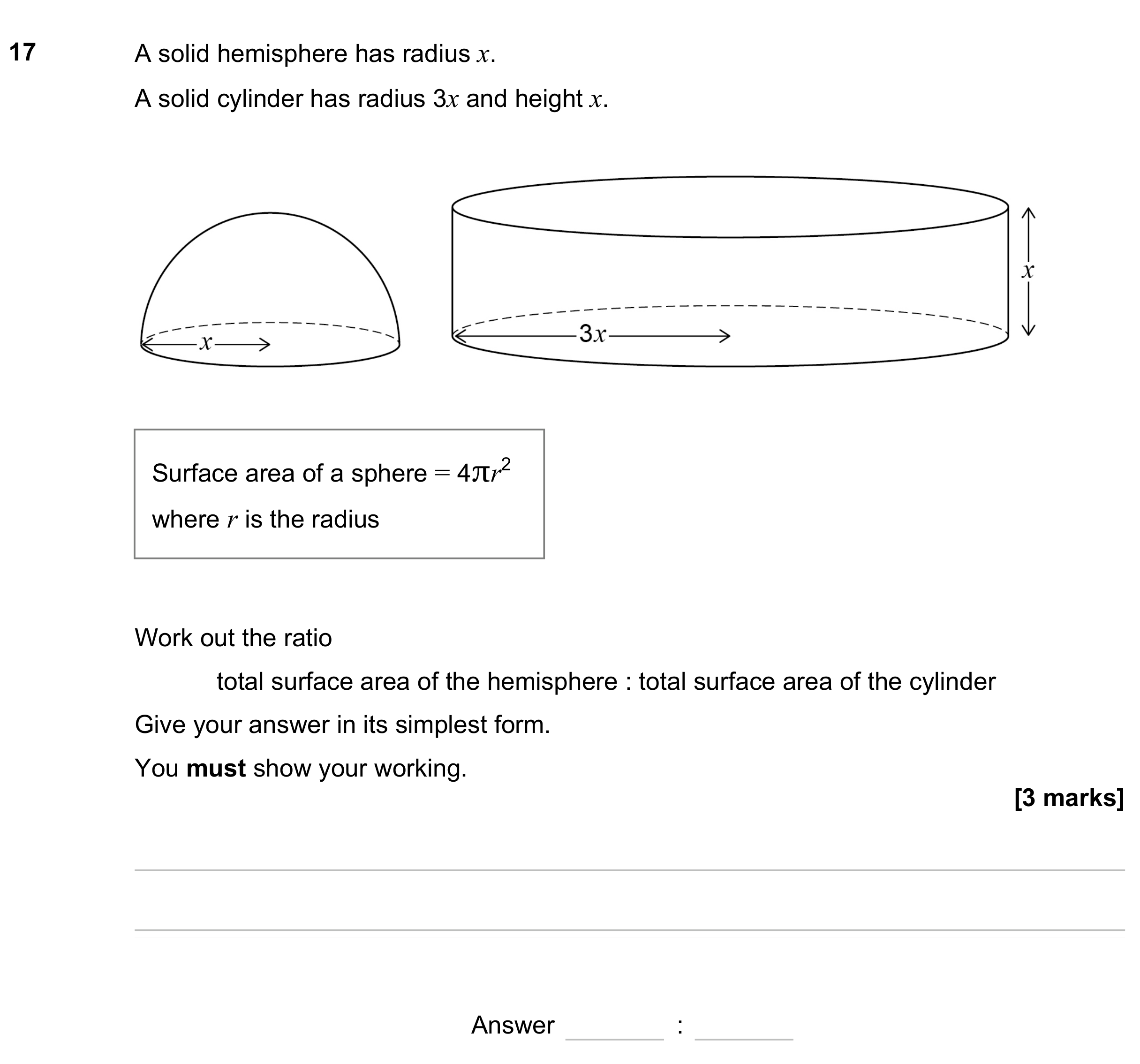 Question 17 — Surface Area and Volume, Ratios — AQA GCSE June 2023
