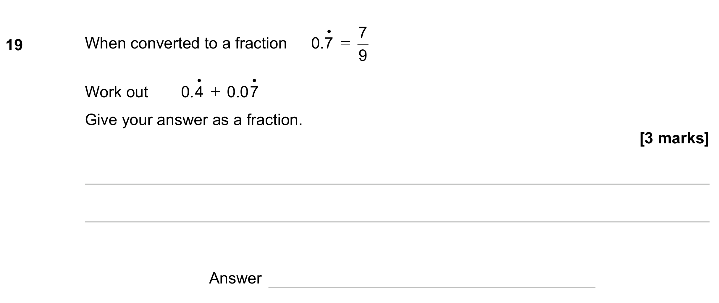 Question 19 — Recurring Decimal to Fraction — AQA GCSE November 2023