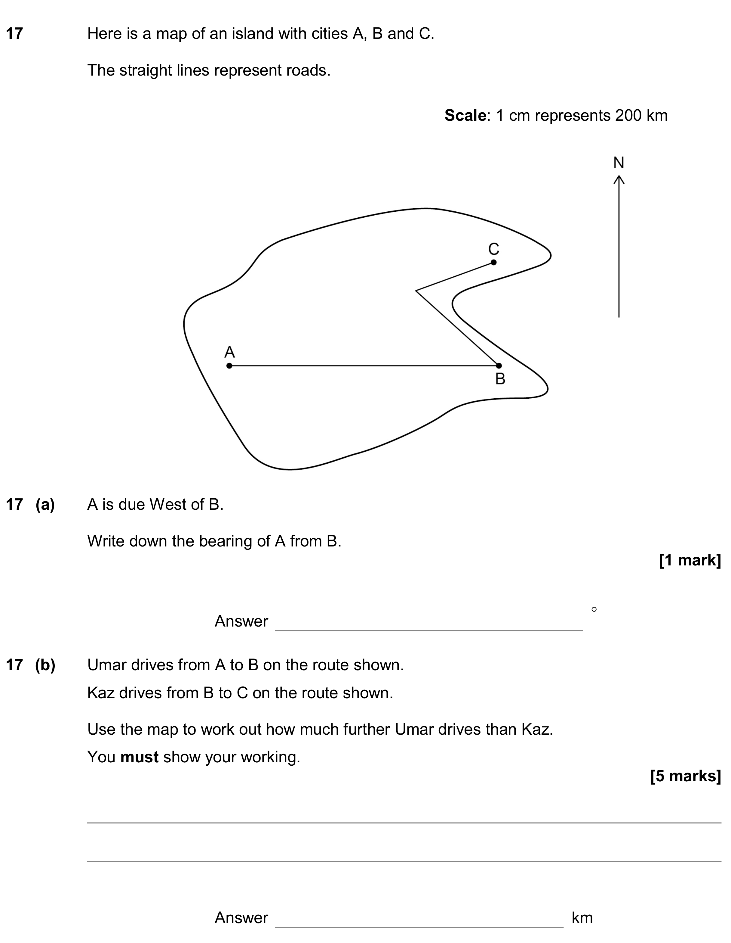 Question 17 — Maps, Bearings, Measure — AQA GCSE June 2018