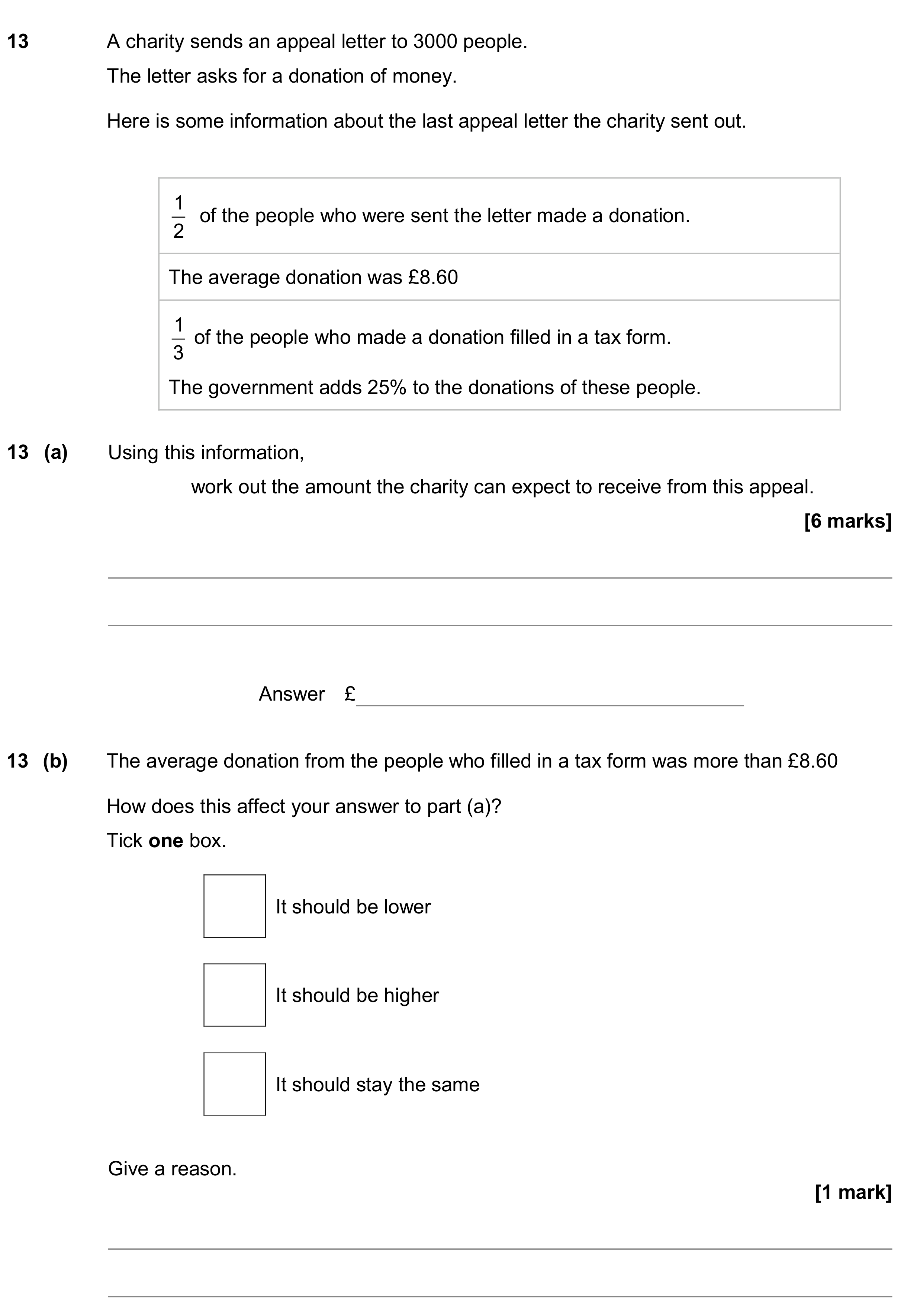 Question 13 — Money Problems, Percentages, Mean/Median/Mode/Range — AQA GCSE November 2018