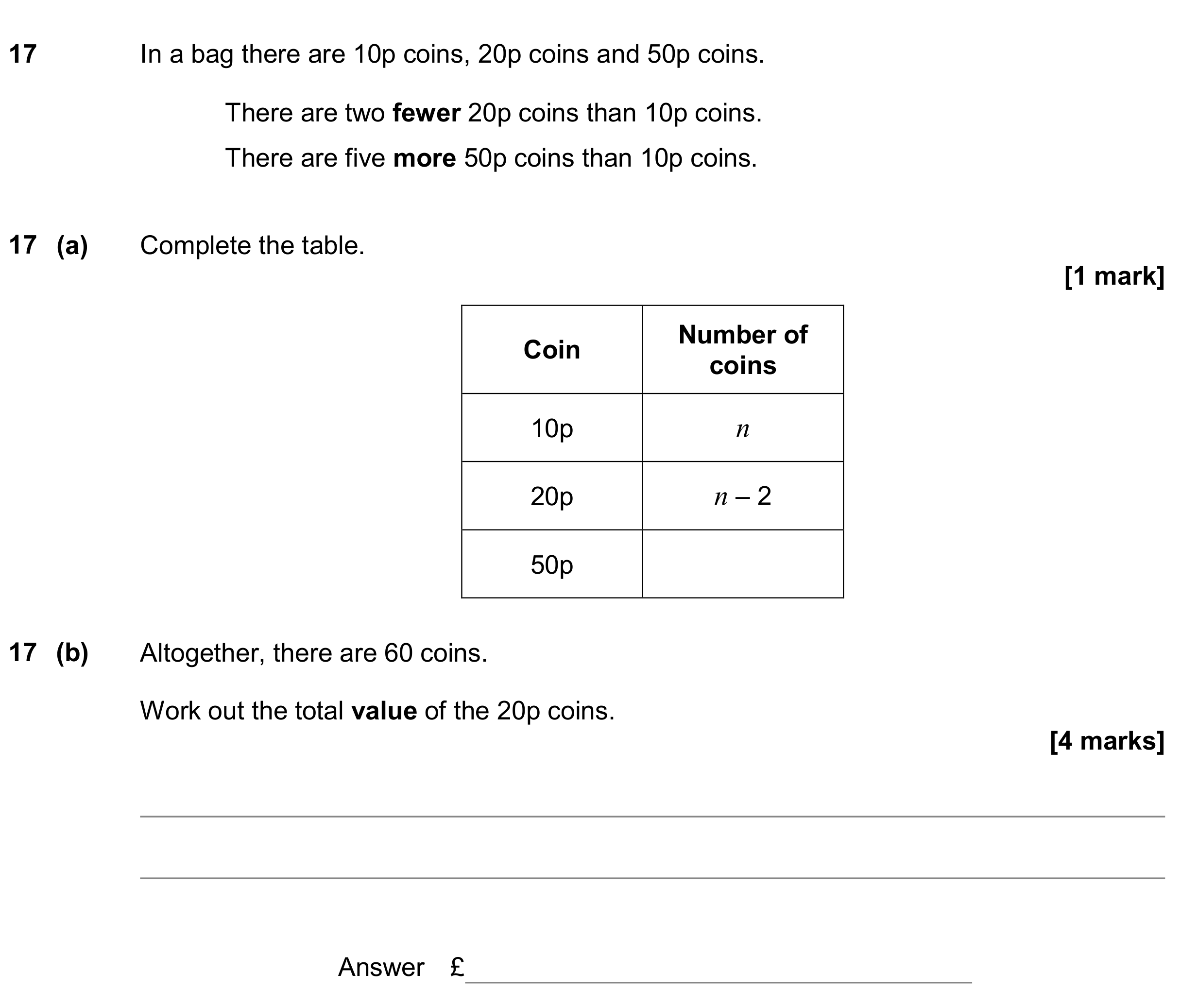 Question 17 — Algebra, Money Problems — AQA GCSE June 2019