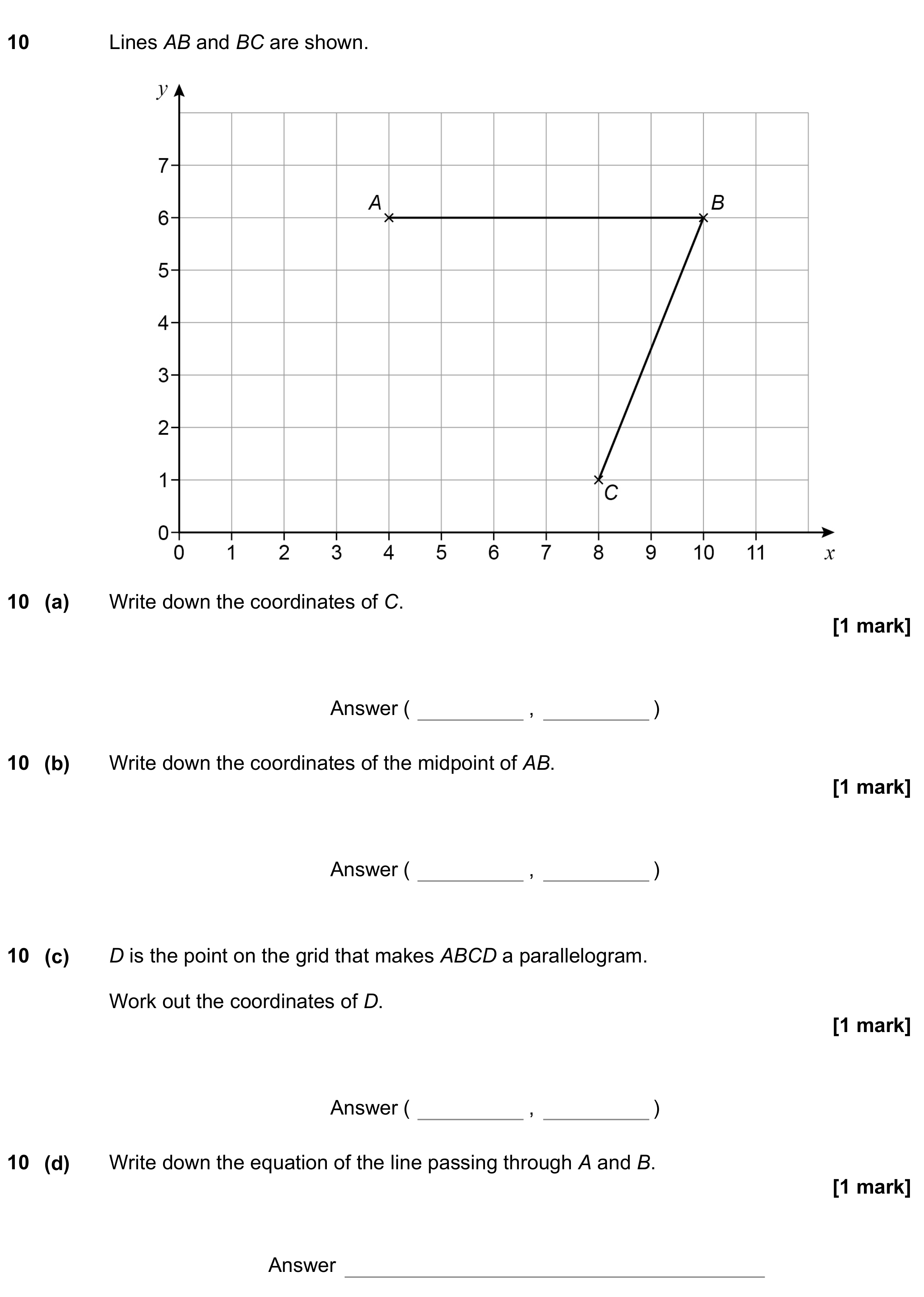 Question 10 — Coordinates, Midpoints, Polygons, Straight Line Graphs — AQA GCSE June 2022