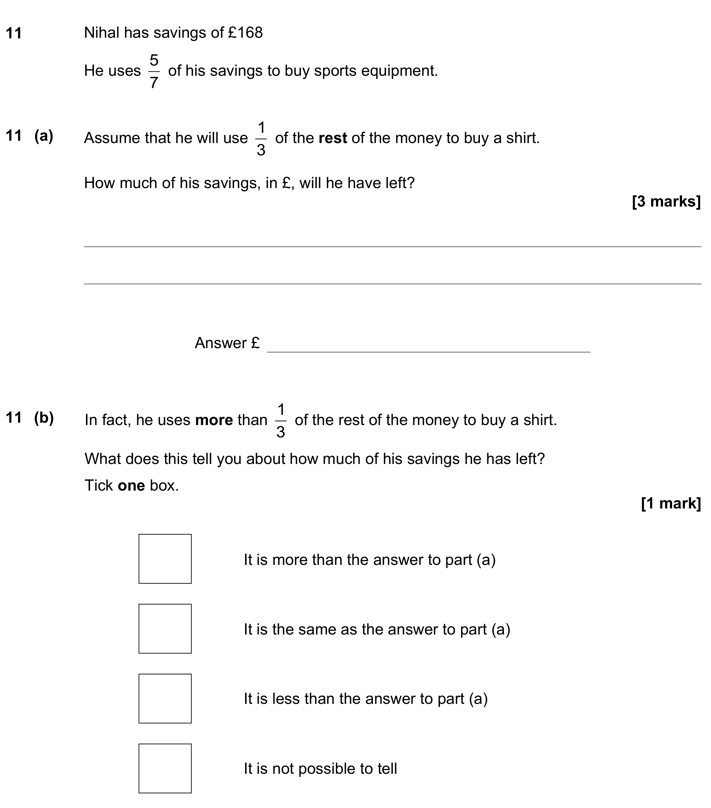 Question 11 — Fractions, Money Problems — AQA GCSE June 2022