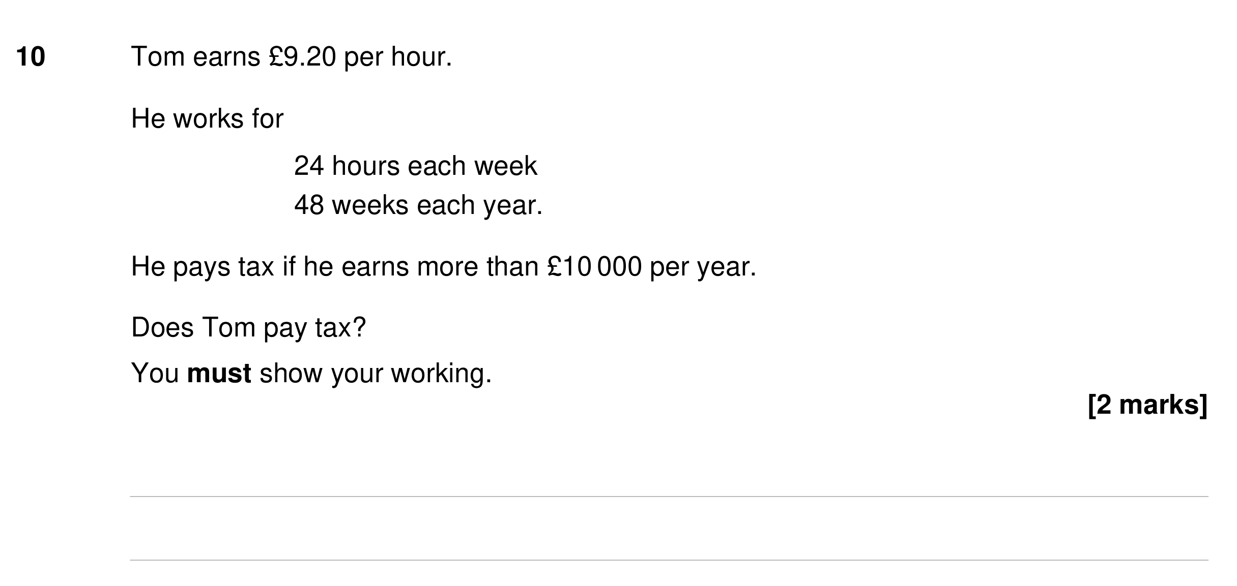Question 10 — Money Problems — AQA GCSE Specimen