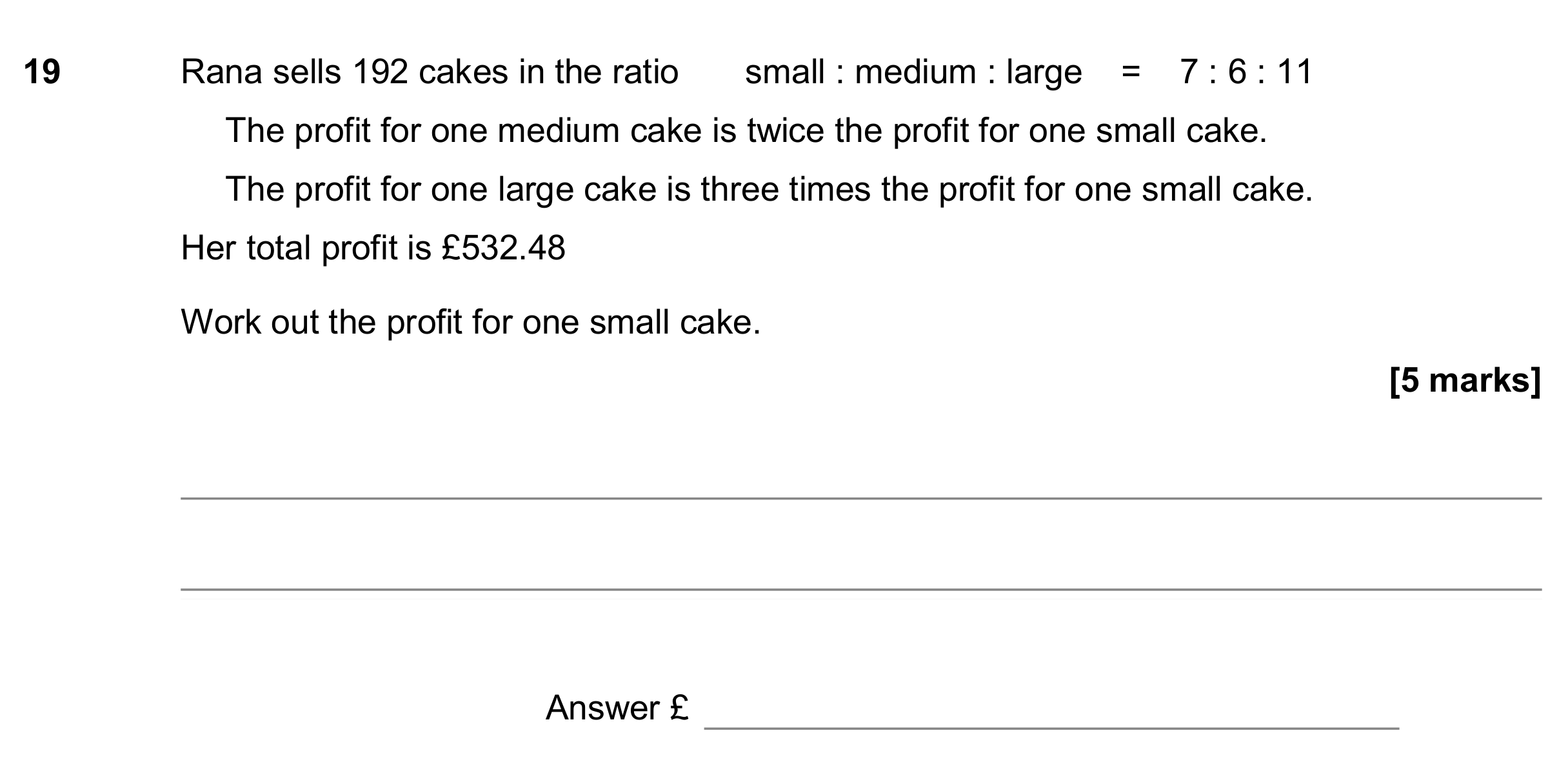 Question 19 — Ratios, Money Problems — AQA GCSE June 2017