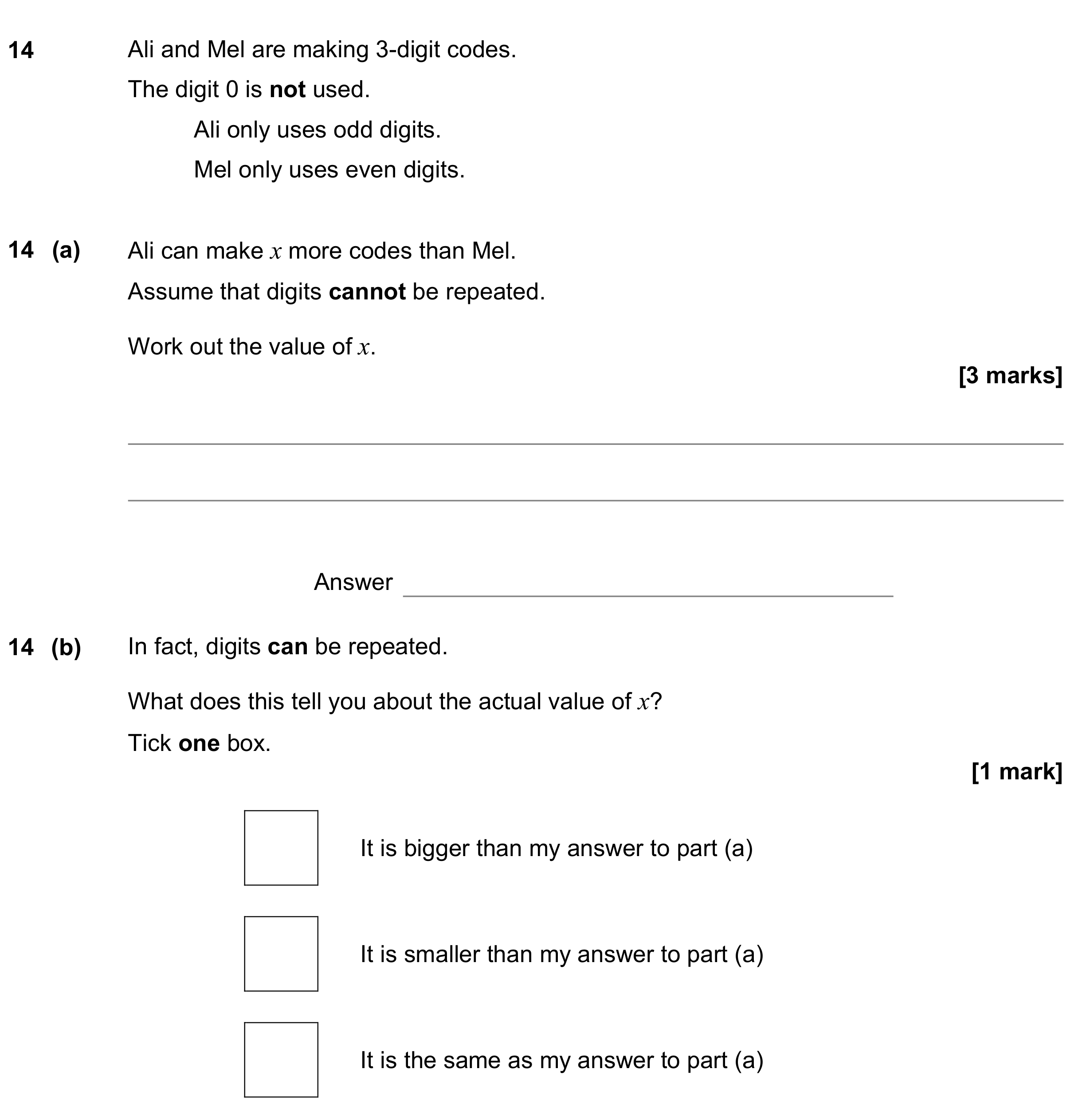 Question 14 — Combinations — AQA GCSE June 2019