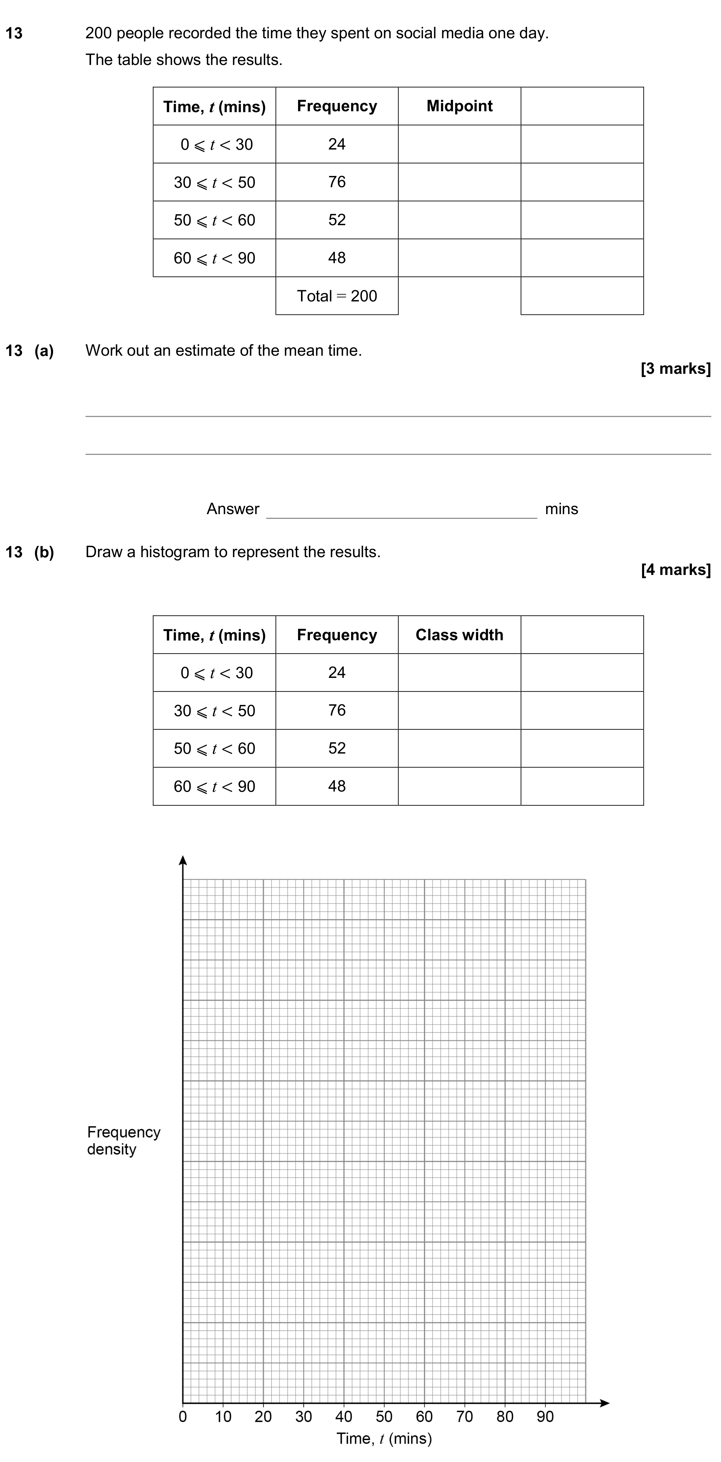 Question 13 — Frequency Tables, Histograms — AQA GCSE November 2019