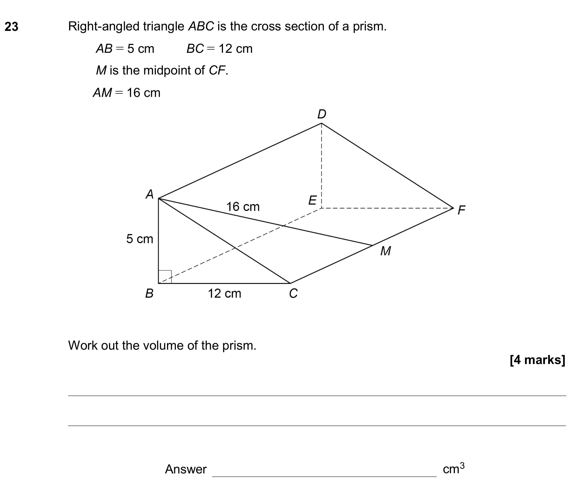 Question 23 — Surface Area and Volume, Pythagoras — AQA GCSE June 2020